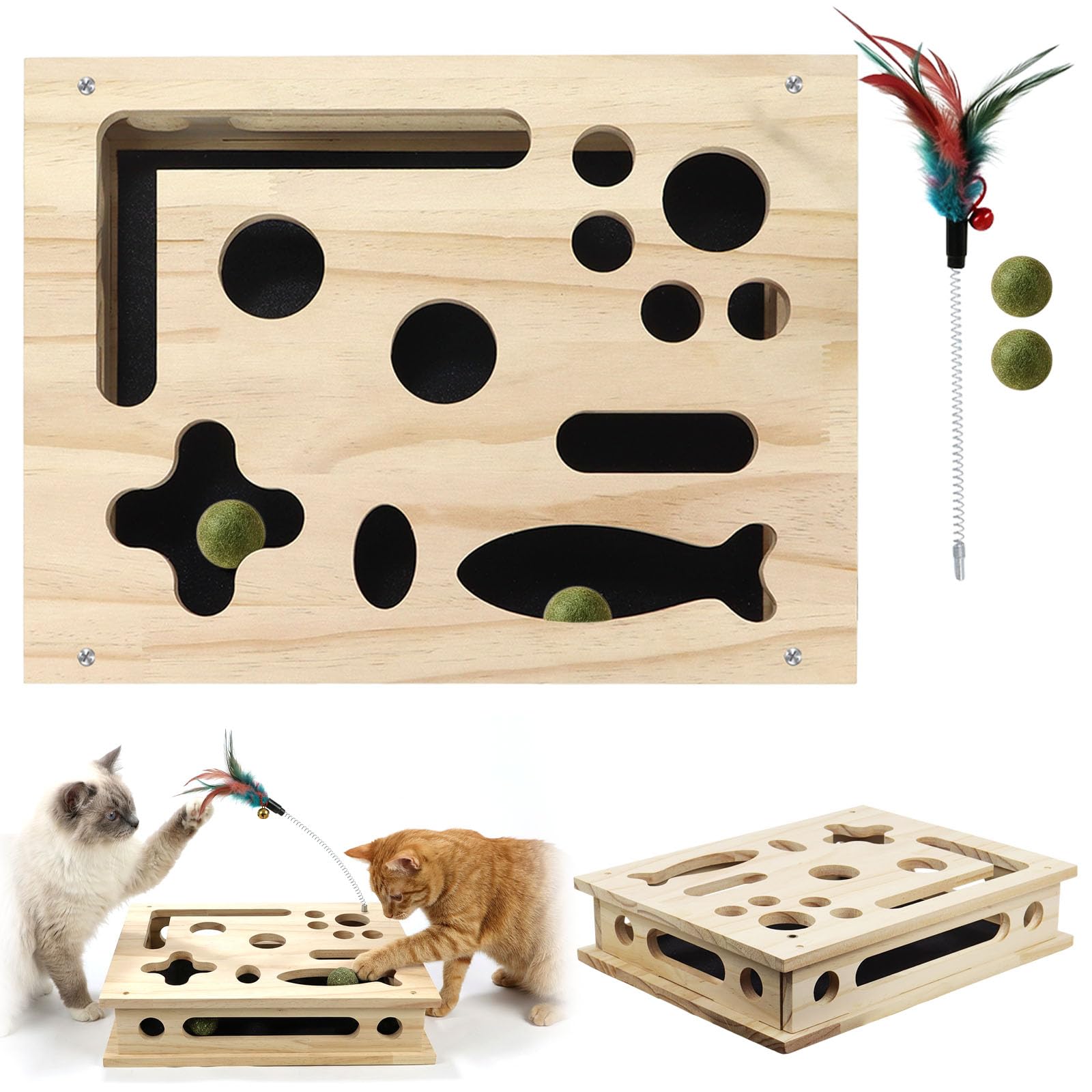 3-in-1 Cat Nail File Scratcher, Interactive Cat Puzzle Box,Large Solid Wood Cats Scratching Box with Catnip Balls and Feather Teaser,Cat Toys for Nail Care and Enrichment