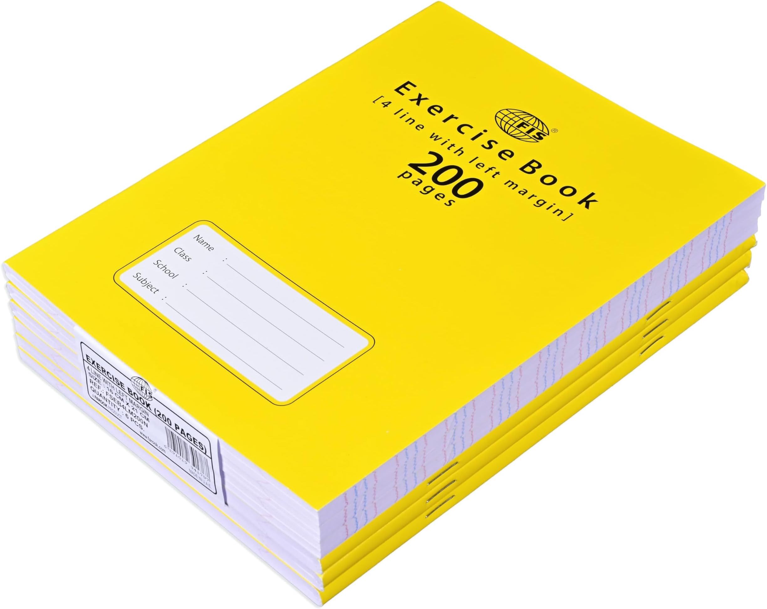 FIS® Exercise Book, Size 165x210mm, 100 Sheets, 200 Pages, 4 Line with Left Margin, Packet of 6 Pieces, Neon Yellow Cover with Mathematical Info-FSEB4LM200N