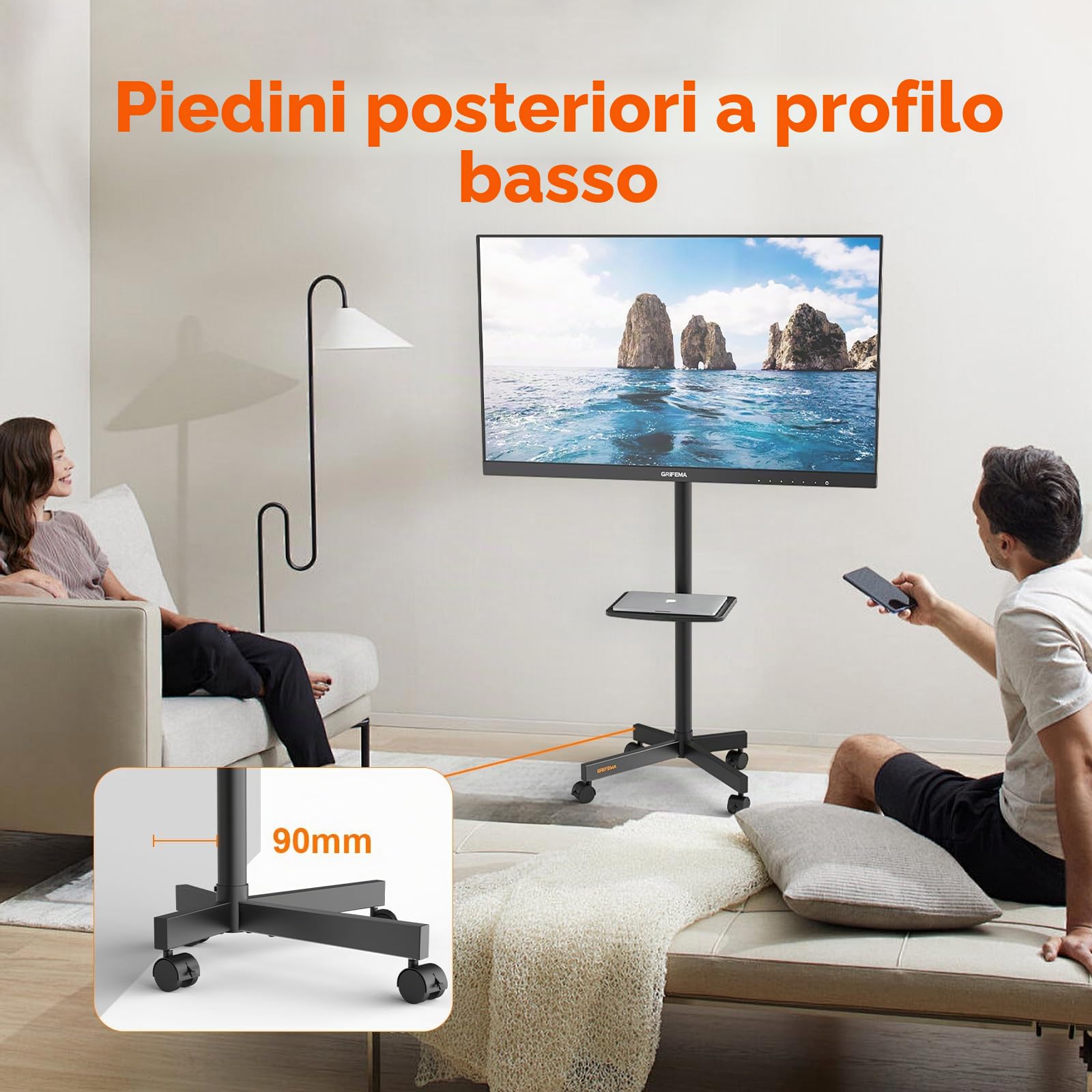 GRIFEMA Supporto TV su ruote per TV fino a 65 pollici | Per TV plasma, LCD e LED, con ripiano per laptop, fino a 40 kg, max VESA 400x400mm