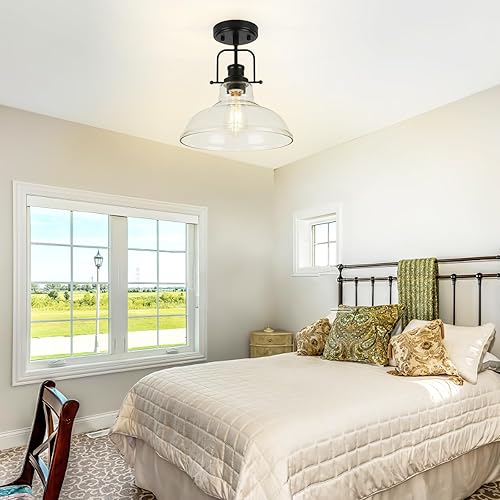Miniatura 8 de WILON Lámpara de techo semiempotrada, lámpara de casa de campo negra con pantalla de vidrio transparente, lámpara de techo moderna vintage para
