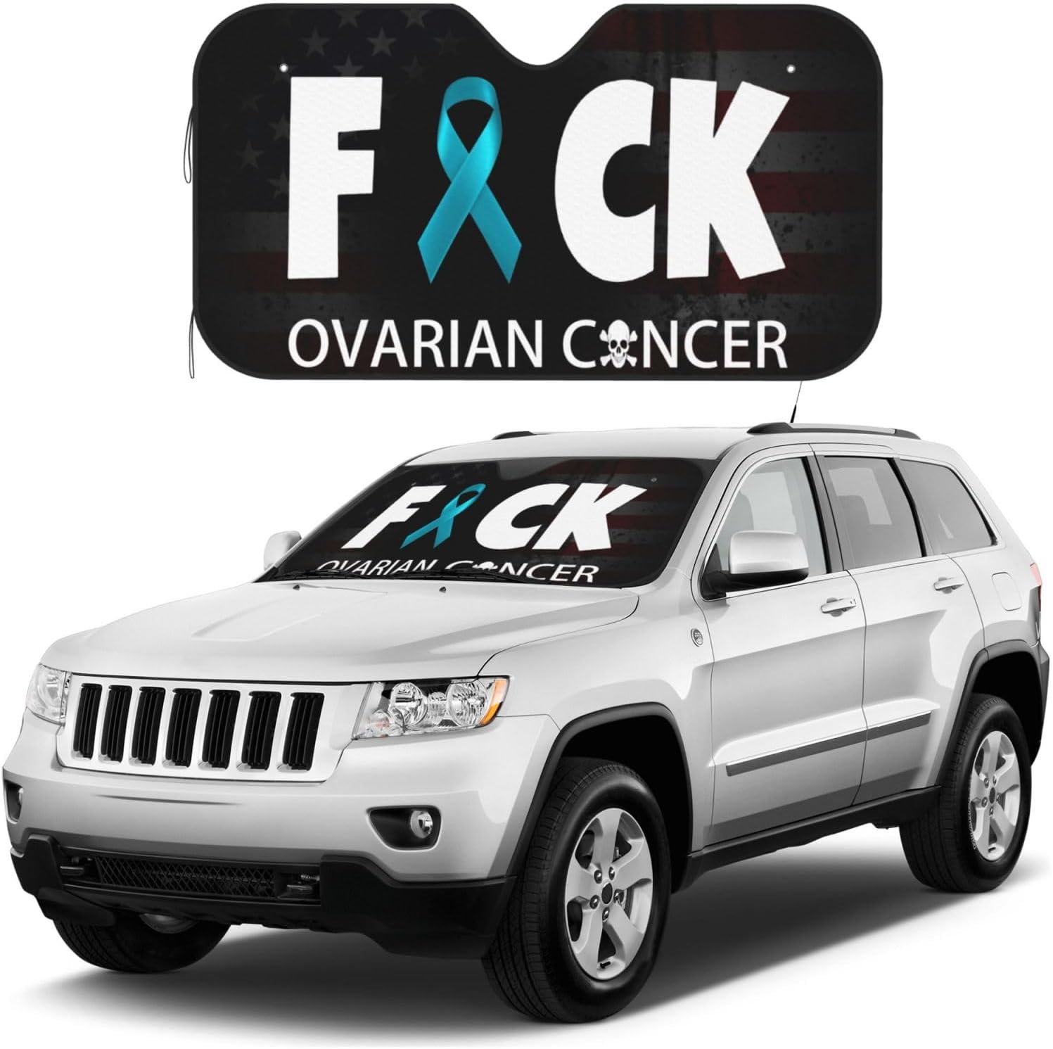 Ovarian Cancer Warrior Aweareness Ribbon Foldable Car Windshield Sunshade Blocks Heat and Sun Glare Uv Rays
