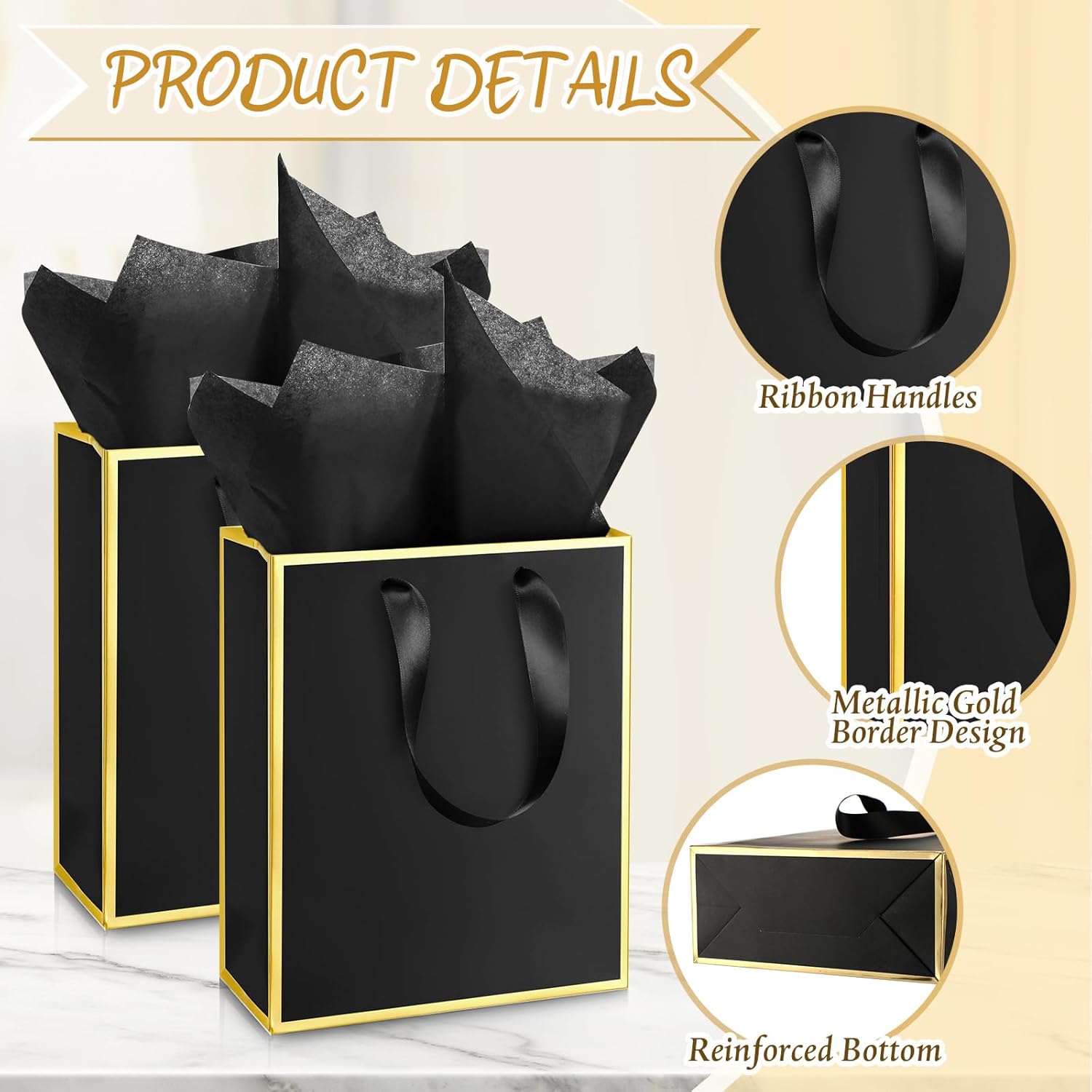 Yeaqee 10 Pack Metallic Paper Gift Bags with Handles Tissue Paper Thank You 5 Senses Gift Bag for Birthday Wedding Baby Shower Groomsmen Bridal Anniversary Favor 9 x 7 x 3.15''(Black, Gold) - Image 4