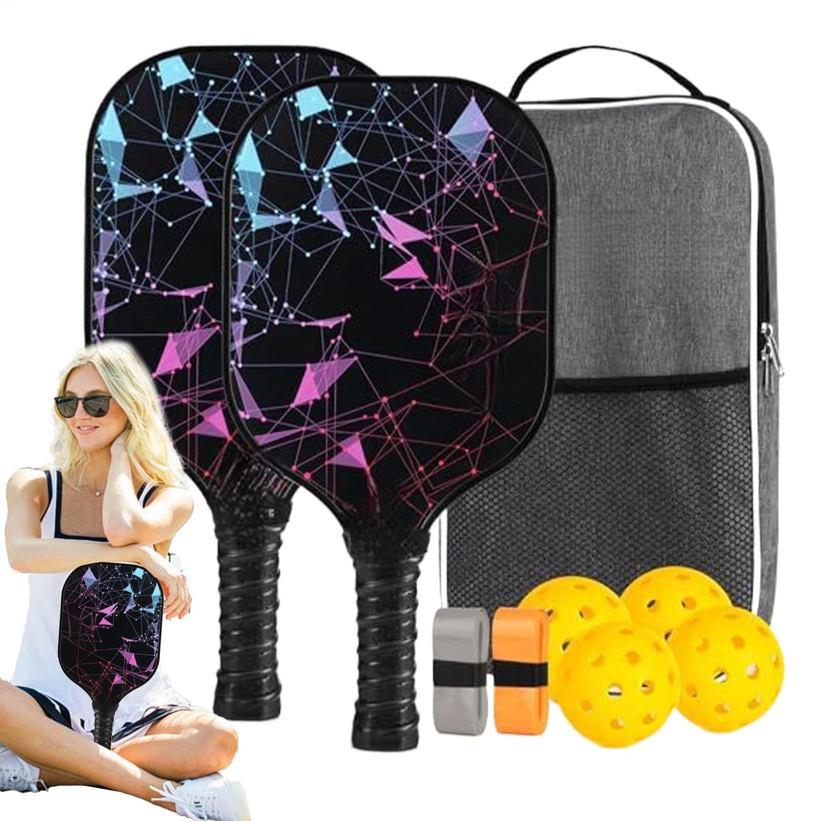 Set da pickleball, set di pagaia per giocare a palla, leggero, professionale, ergonomico, in fibra di vetro, accessori sportivi per ragazzi e ragazze, per esercizi sportivi all'aperto a casa, uomini e