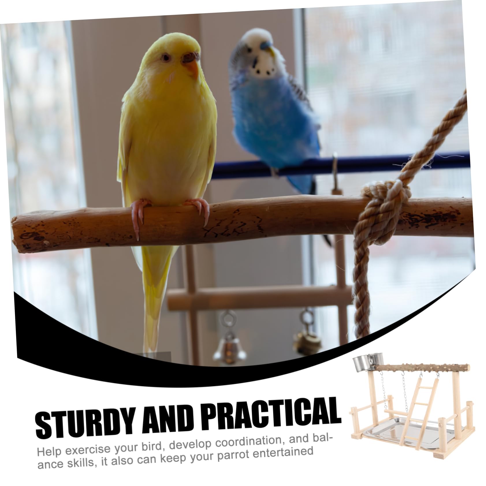 Housoutil de Madera para Pájaros Percha Natural y Comedero Doble, Estación de Entrenamiento para Aves Que Fomenta Ejercicio y Mejora Coordinación