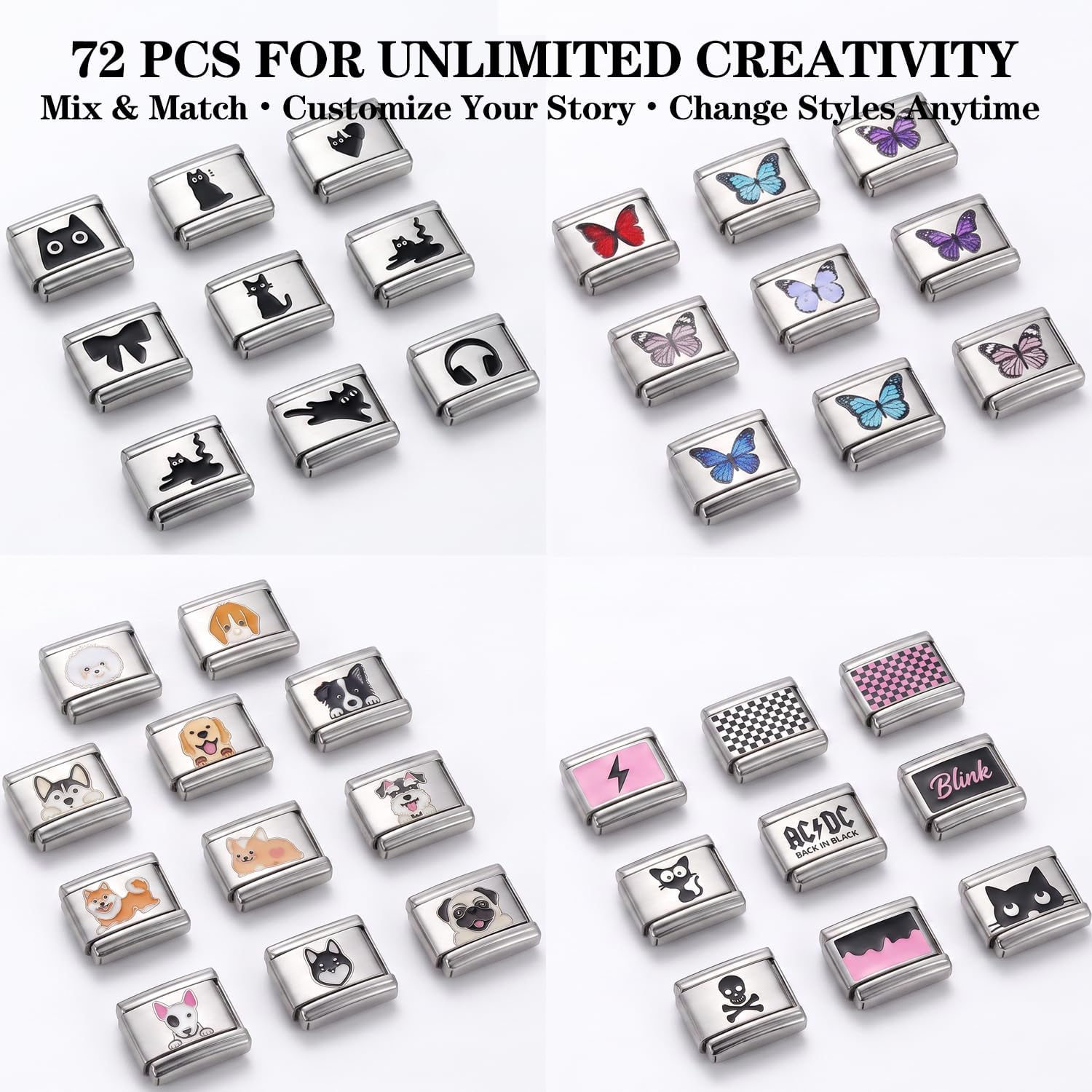 Ujicde 4 Pack Italian Charm Bracelet Set with Cute Cat, Dog & Butterfly Designs – Stainless Steel DIY Link Bracelets for Women & Men, 72 Pcs Silver Charms, Includes Opener Tool & Gift Box