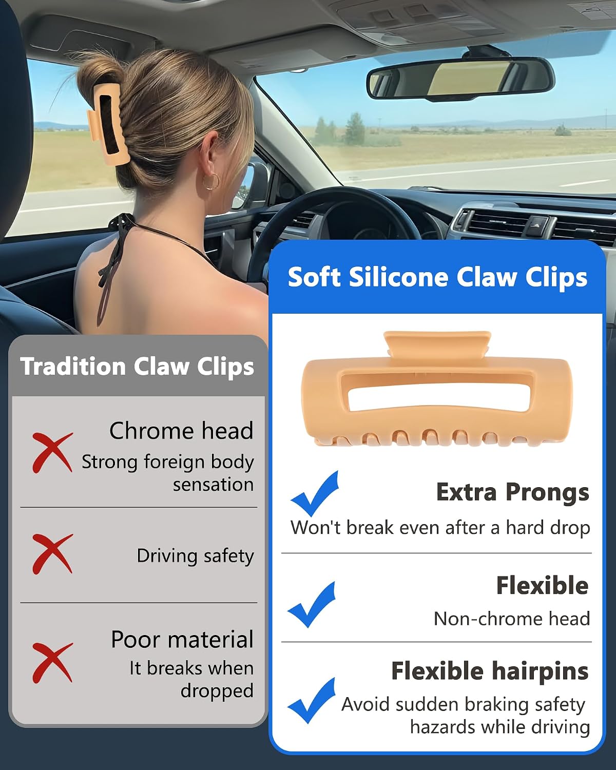 Soft & Flexible Claw Clip 2-Pack, Large Squishy Hair Claw Clips for Thick Hair, Volumizing Hair Clips with Strong Hold, Non-Slip Flexible Hair Clip for Women Daily Use（Coffee+Black） image 4