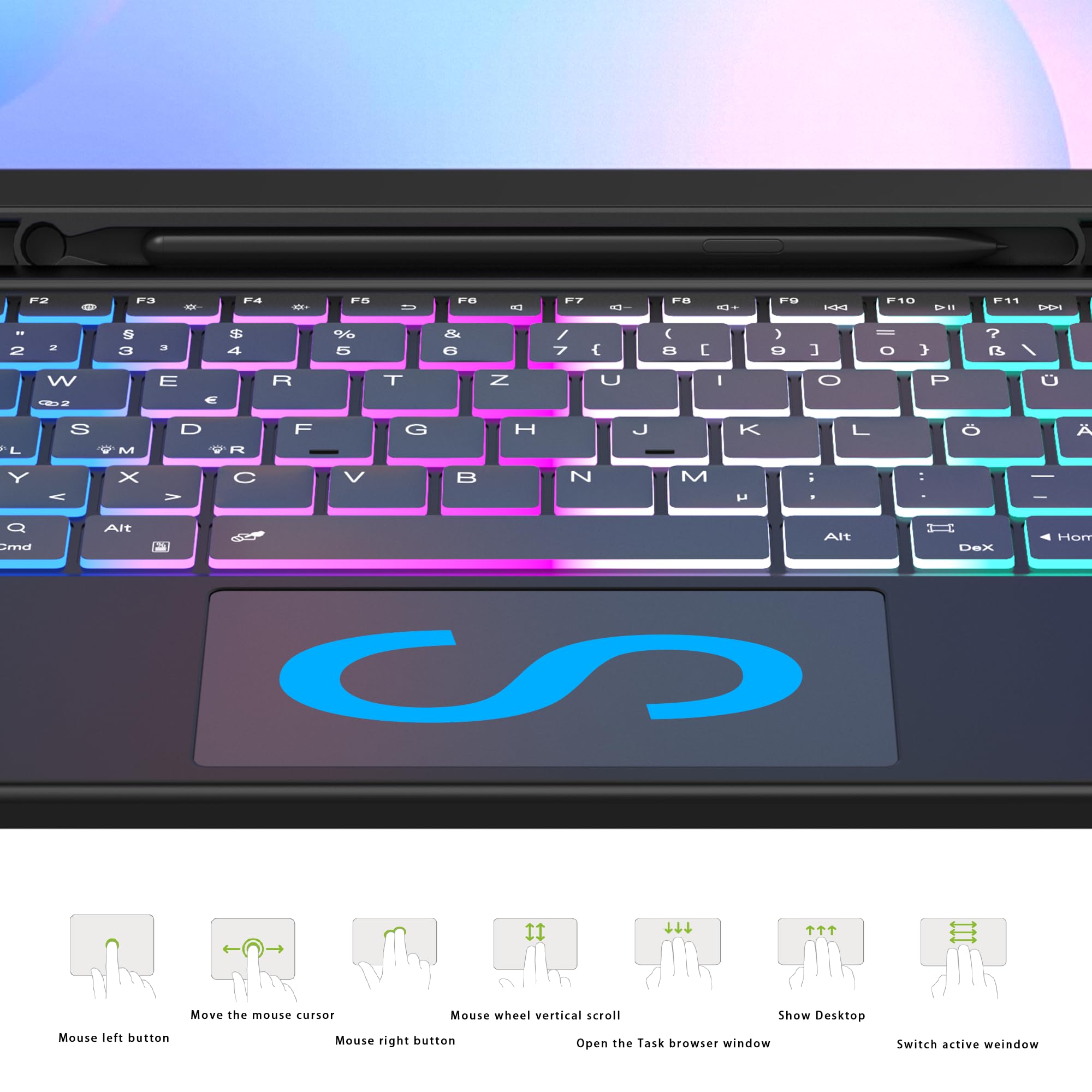 für Samsung Tab S10 FE+ Plus 13.1 Zoll Hülle mit Tastatur mit Trackpad | 7 Farben RGB Hintergrundbeleuchtung, Touchpad, DeX-Taste, Pen Halter, Abnehmbare Tastatur, Deutsches QWERTZ-Layout, TPU-hülle