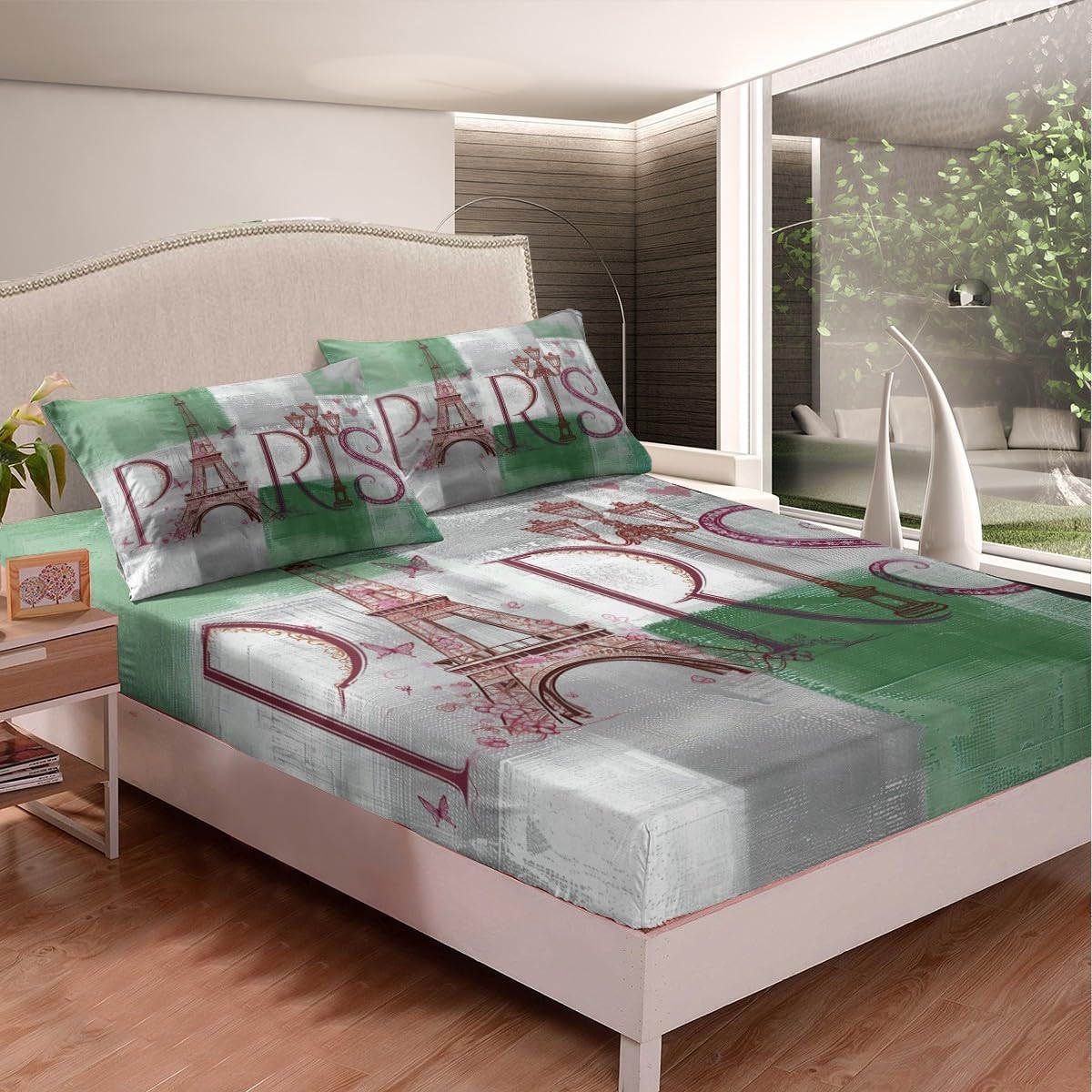 Erosebridal Green Gray Oil Painting Bed Sheets Grey Aesthetic Fitted Sheet Full Size, Retro Grunge Tie Dye Bedding Watercolor Abstract Sheet, Ombre Gradient Bed Cover (Deep Pocket)