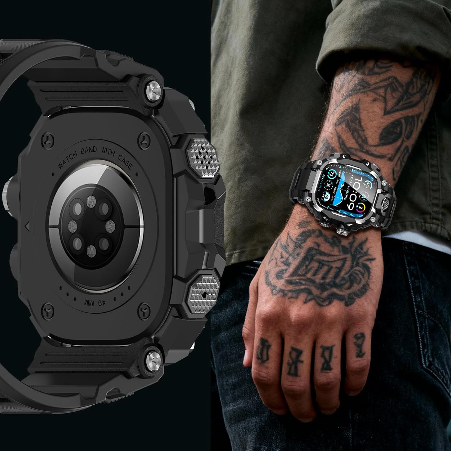 Band with Rugged Case Compatible with Apple Watch Bands 49mm (Ultra 3/2/1), Sport iwatch Bands Protective Bumper Cover for Men (49mm Silver)