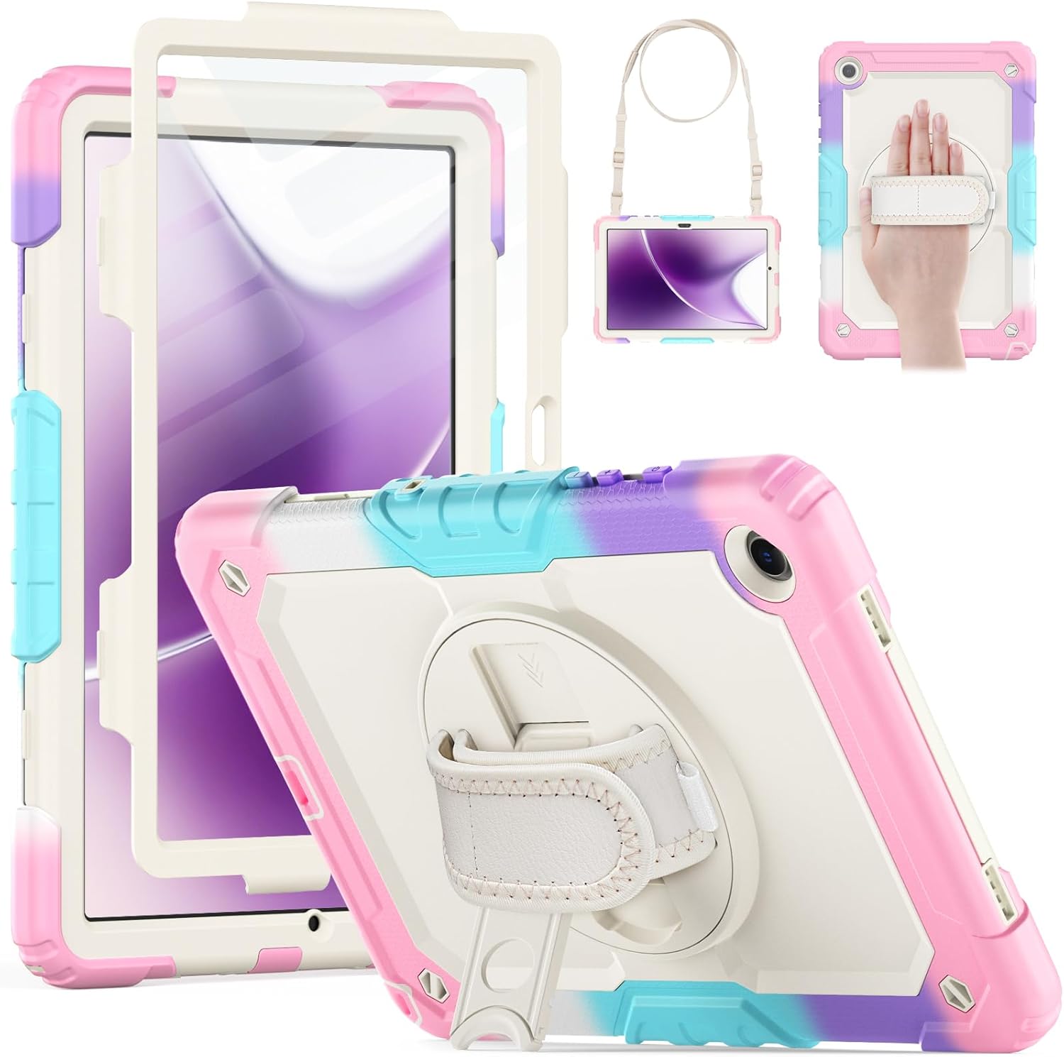 HXCASEAC Case for Samsung Galaxy Tab A9+ Plus / A11+ Plus 11 Inch, Protective with Screen Protector/Hand Strap/Pen Holder, Shockproof for Samsung A9 Plus Tablet Case Kids Girls Cute - Rainbow Pink
