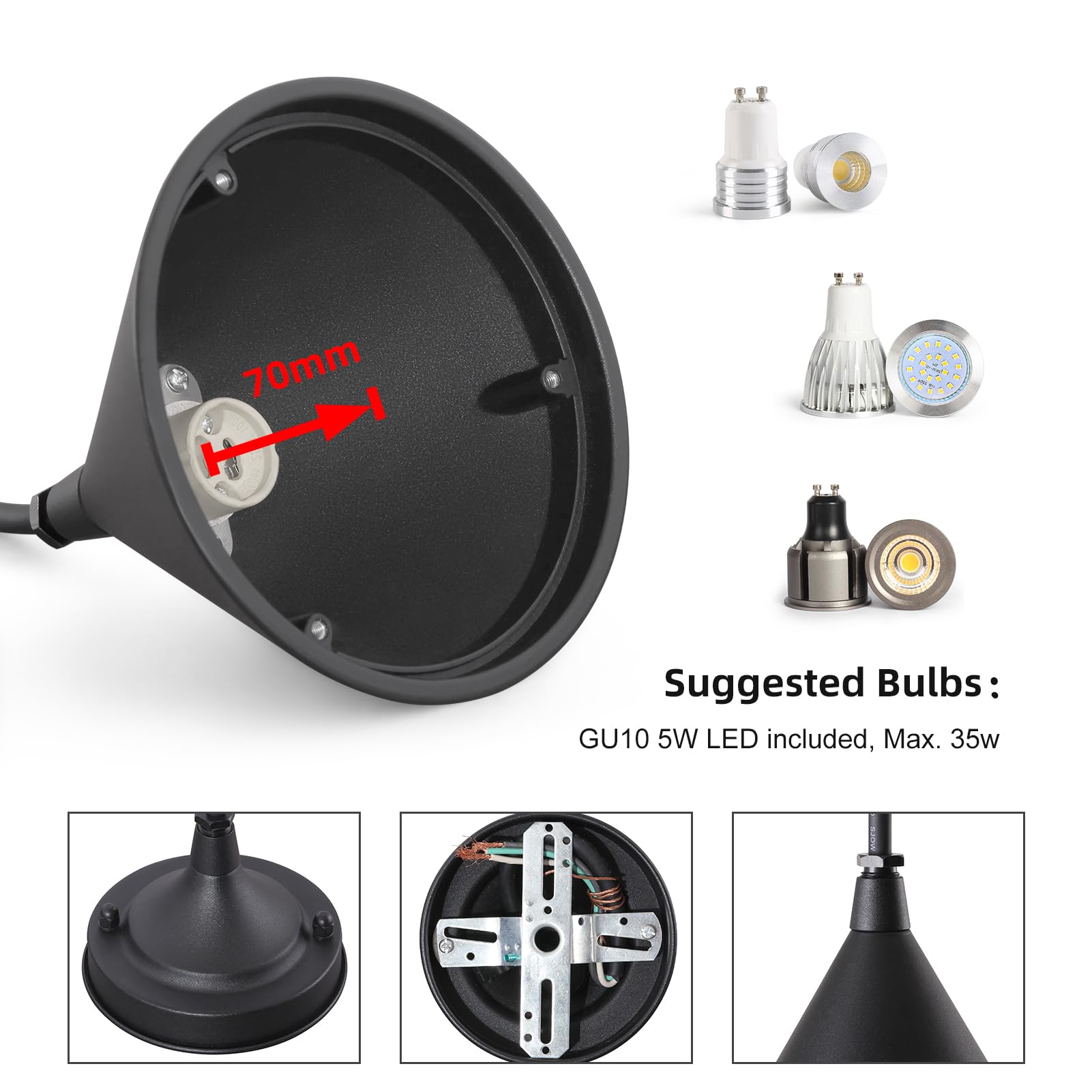 DAWALIGHT Suspension Luminaire GU10 IP44 Étanche Lustre Plafonnier LED 5W Blanc chaud Lampe Suspendue Extérieure pour Salon Chambre Cuisine Restaurant Bar Couloir, Aluminium, Noir