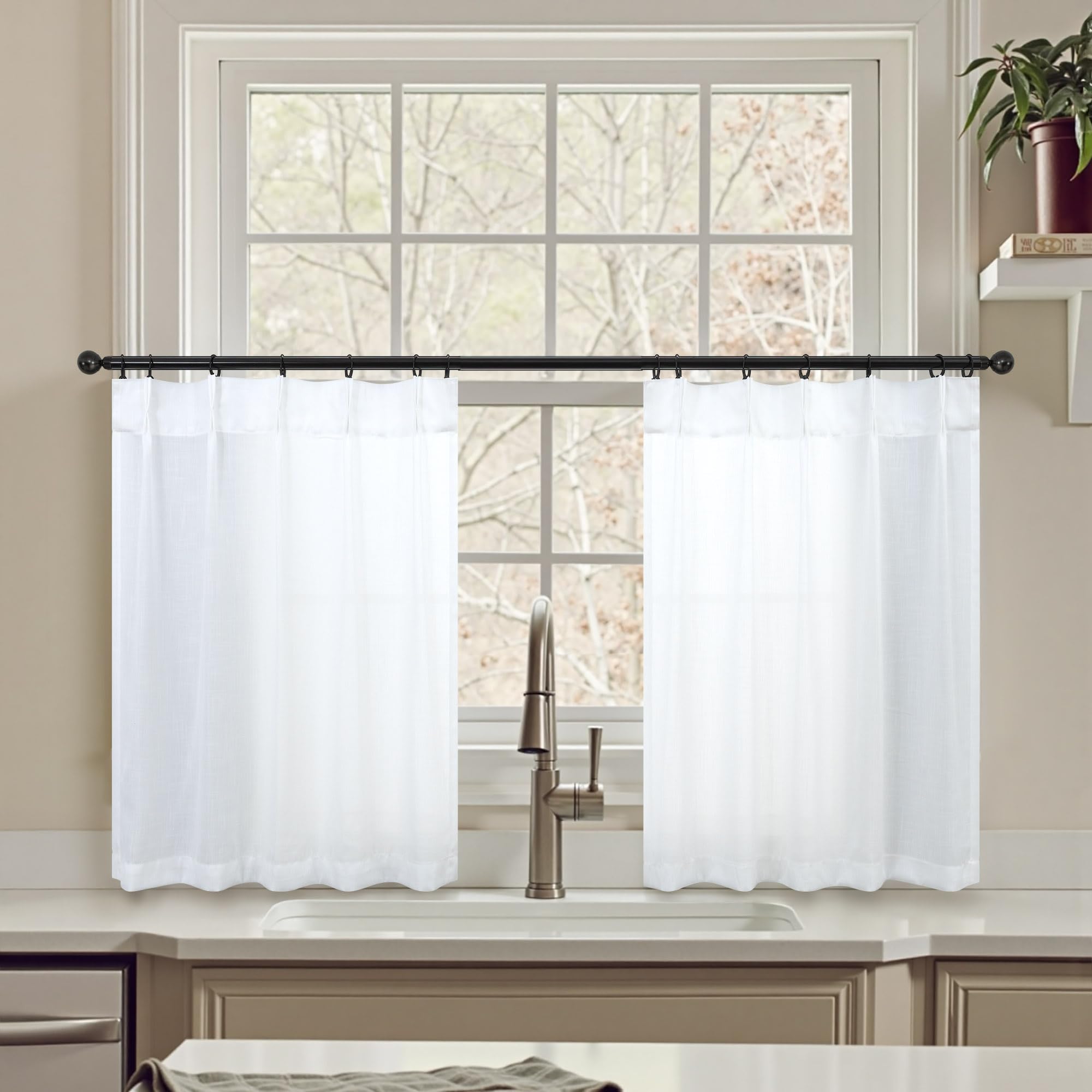 White Pinch Pleated Curtains with Hooks Kitchen Cafe Curtains 24 Inch Length for Small Window Treatments 2 Panels Tier Semi Sheer Linen Short Bathroom