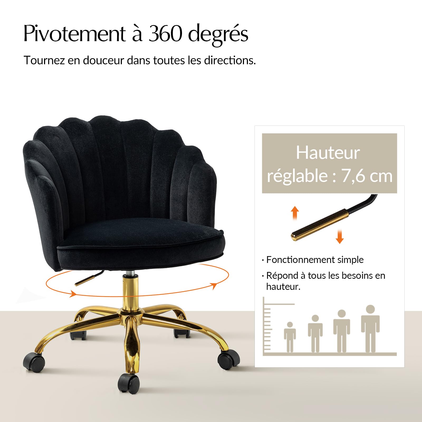 HULALA HOME Chaise de Bureau sans Bras en Velours, Fauteuil de Bureau Mignonne en Velours Moderne, Siège Roulante Pivotante à Dossier Bas Réglable,Chaise Bureau Fille,Noir