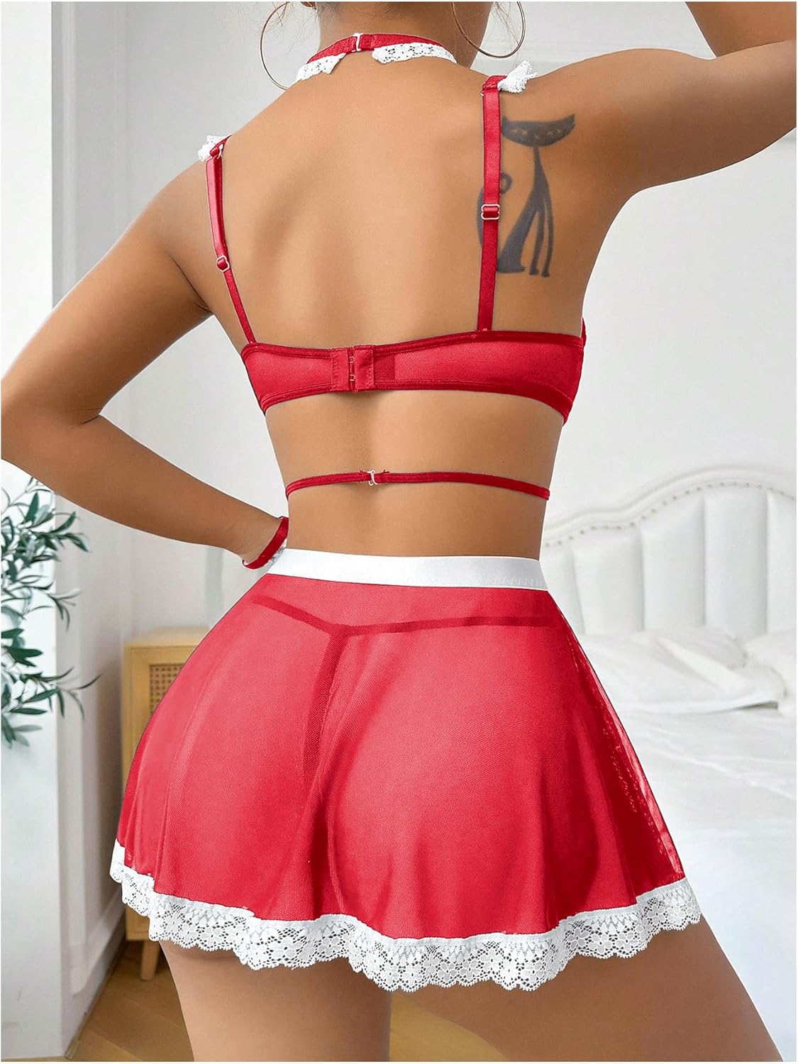 WDIRARA Women's 3 Piece Maid Contrast Lace Colorblock Underwire Costume Lingerie Set With Choker With Choker