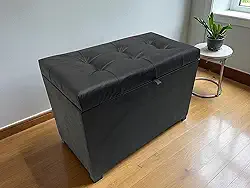 Puff Baú Estofado Em Corino 68 Cm Para Sala, Quarto Em Mdf - Preto