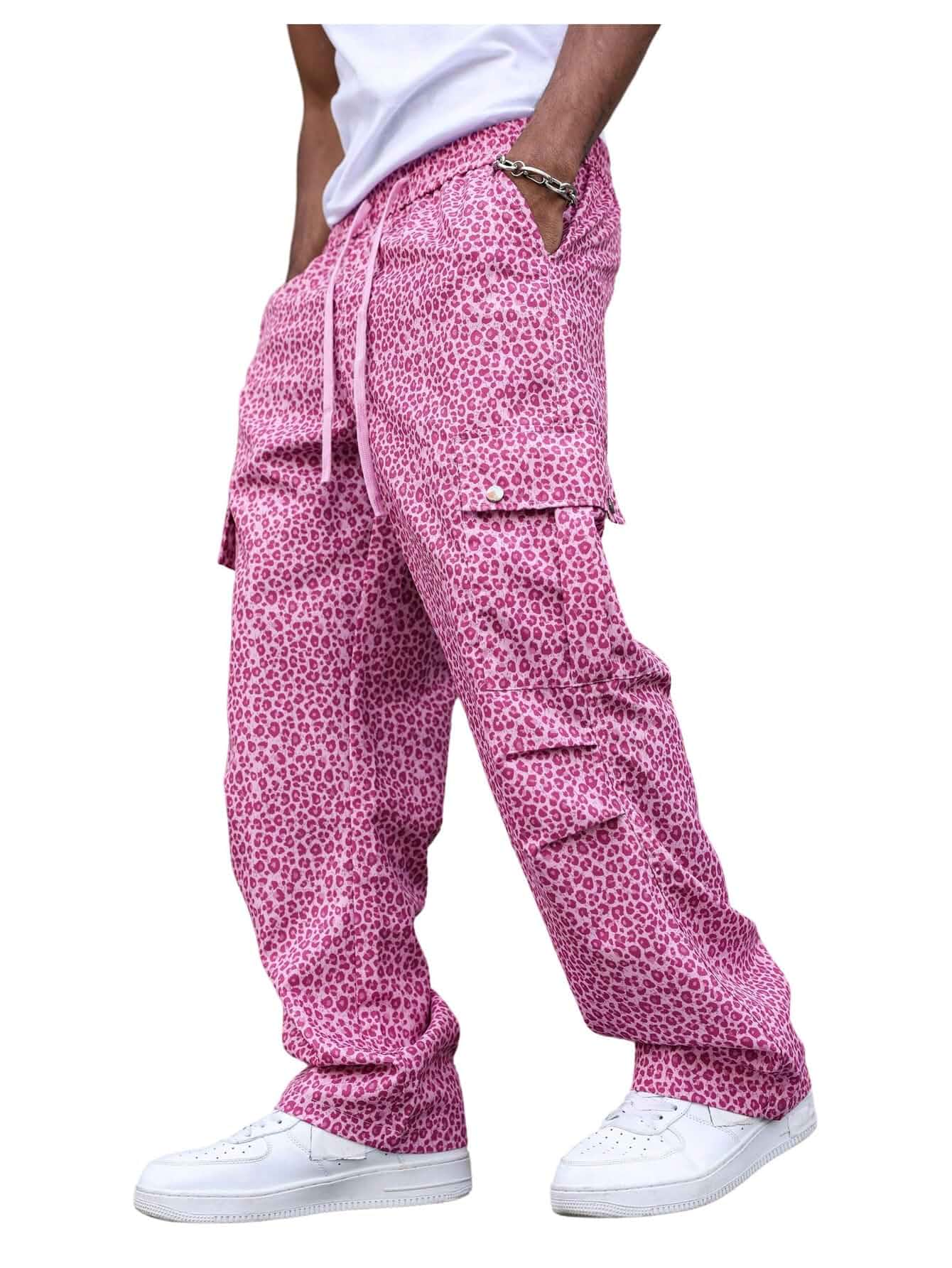 SHENHE Men's Leopard Print Cargo Pants Y2k Low Rise Loose Pants Streetwear | Drawstring, Festival Pants, Cheetah Print