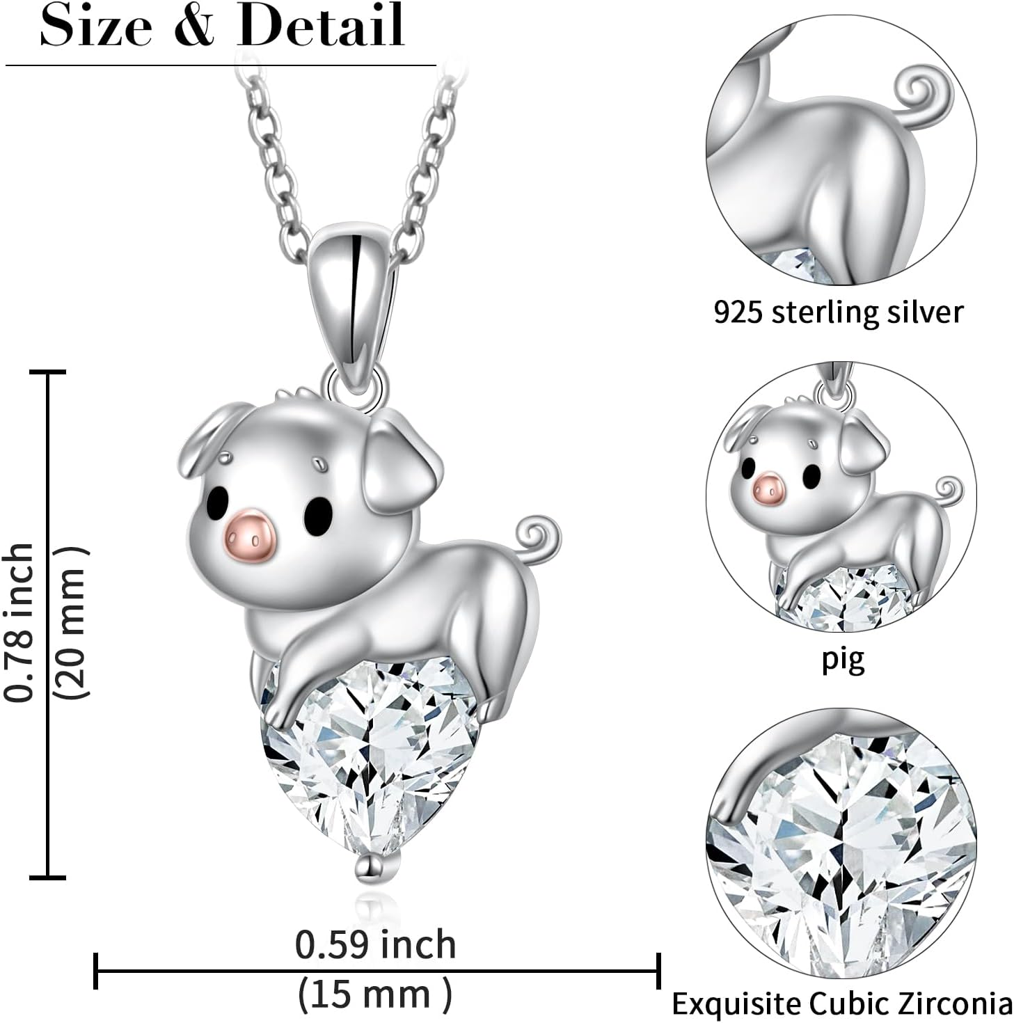 FLYOW Pig Necklace 925 Sterling Silver Cute Animal Necklace with Heart Blue CZ Piggy Pendant for Women Friend Pig Lovers Birthday Graduation Valentine's Day Anniversary Christmas Jewelry White/Blue - Image 5