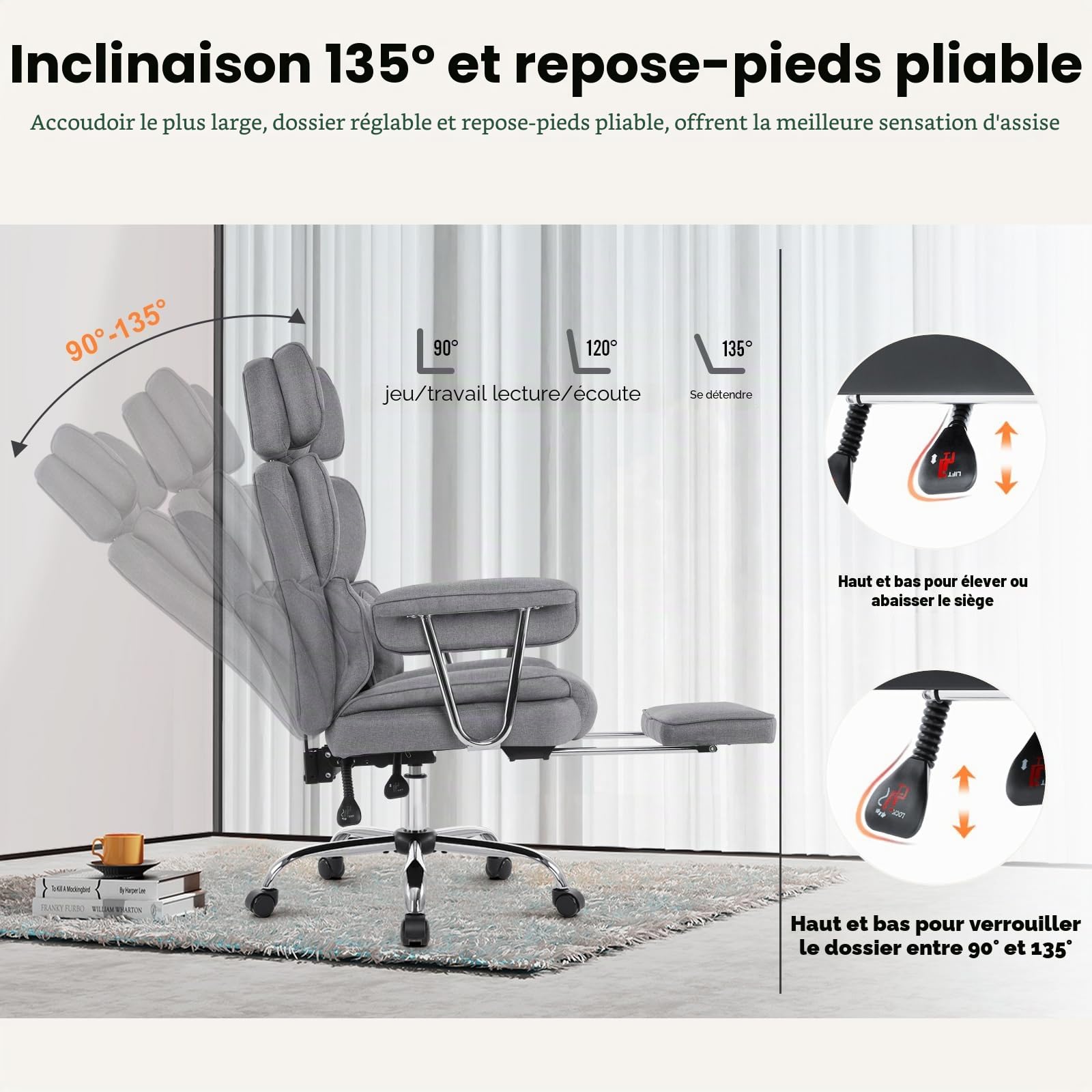 IWMH Chaise de Bureau Ergonomique avec Repose-Pieds et Soutien Lombaire