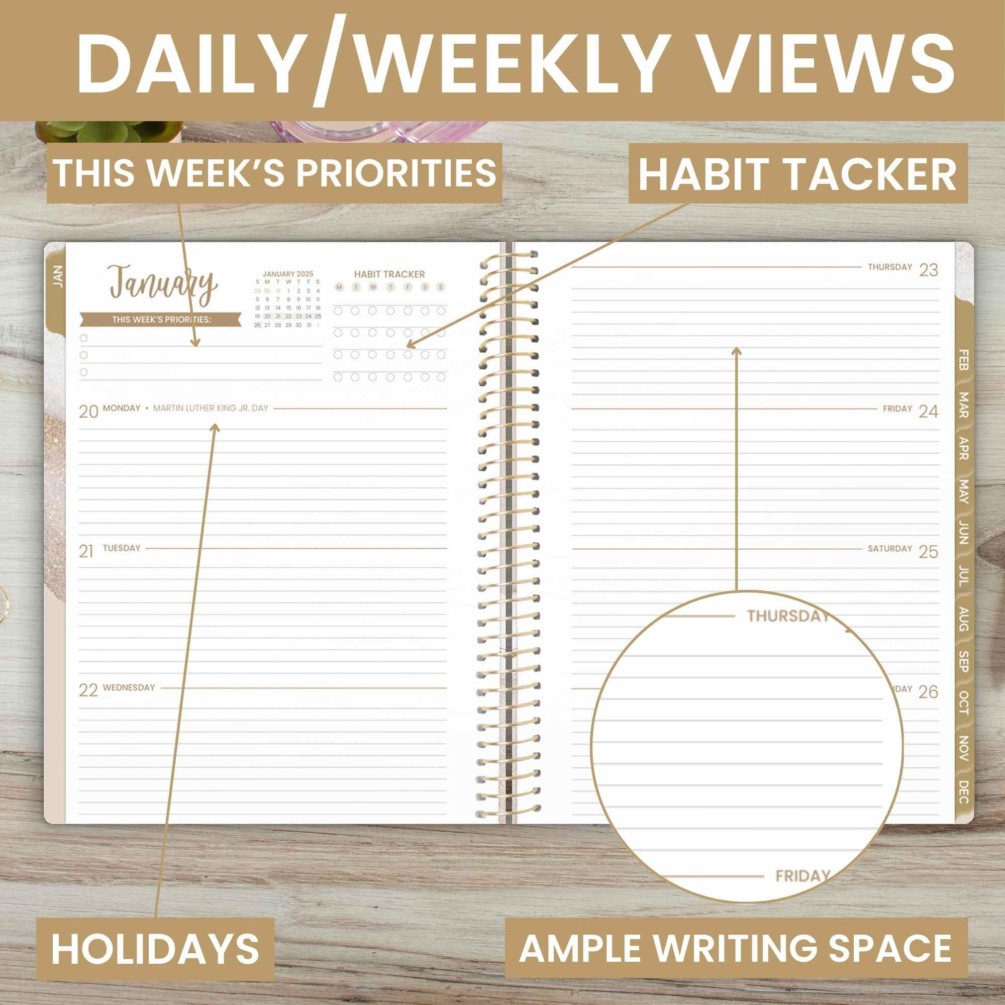 bloom daily planners Agenda anual 2025 (8.5 x 11 pulgadas) (enero de 2025 a diciembre de 2025) – Organizador semanal mensual con fechas con calcomanías y pestañas, color beige cepillado