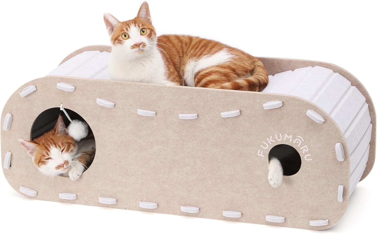 FUKUMARU Cat Beds for Indoor Pets 31.5 Inch, Extra Long Cozy Cat Bed Cave Tunnel for Multiple & Large Cats, Felt Kitten Hideaway House with Fluffy Ball, Scratch Resistant, Warm & Safe, Beige