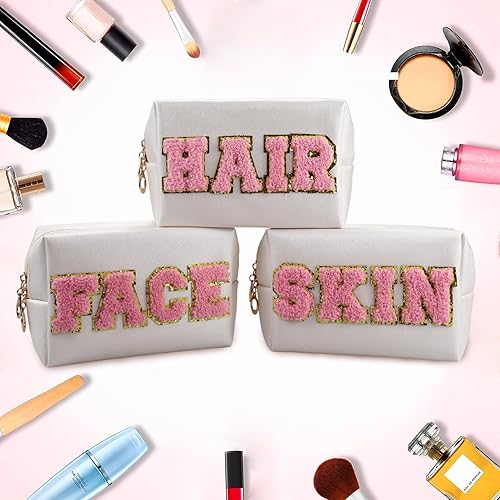 Miniatura 8 de Bolsa de maquillaje con parche de letras de chenilla, bolsa de cosméticos de piel sintética con cremallera, bolsa de aseo impermeable, bolsa