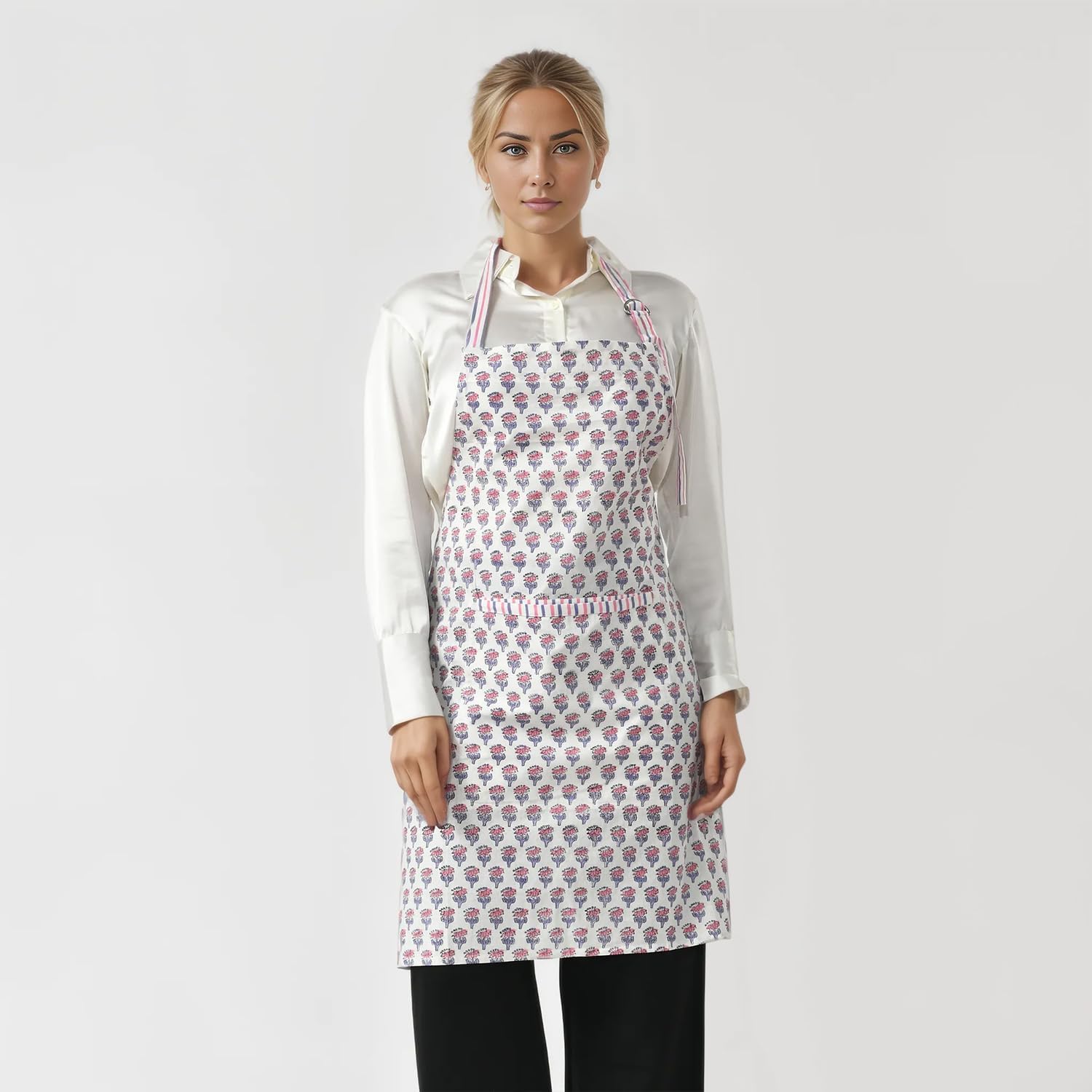 CPC Cotton Floral Kitchen Apron for women with Pocket and Adjustable Neck Ties. Apron for Women Men Chef-Hand Block Printed image 2