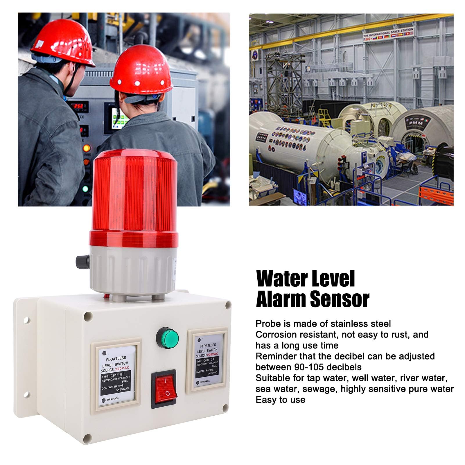 Wasseralarmsensor, Wasserstandsalarmsensor, 90-105 dB Einstellbare Tanküberwachung, Wassermelderalarm, Korrosionsbeständig, nicht leicht zu rosten, EU-Stecker AC220V
