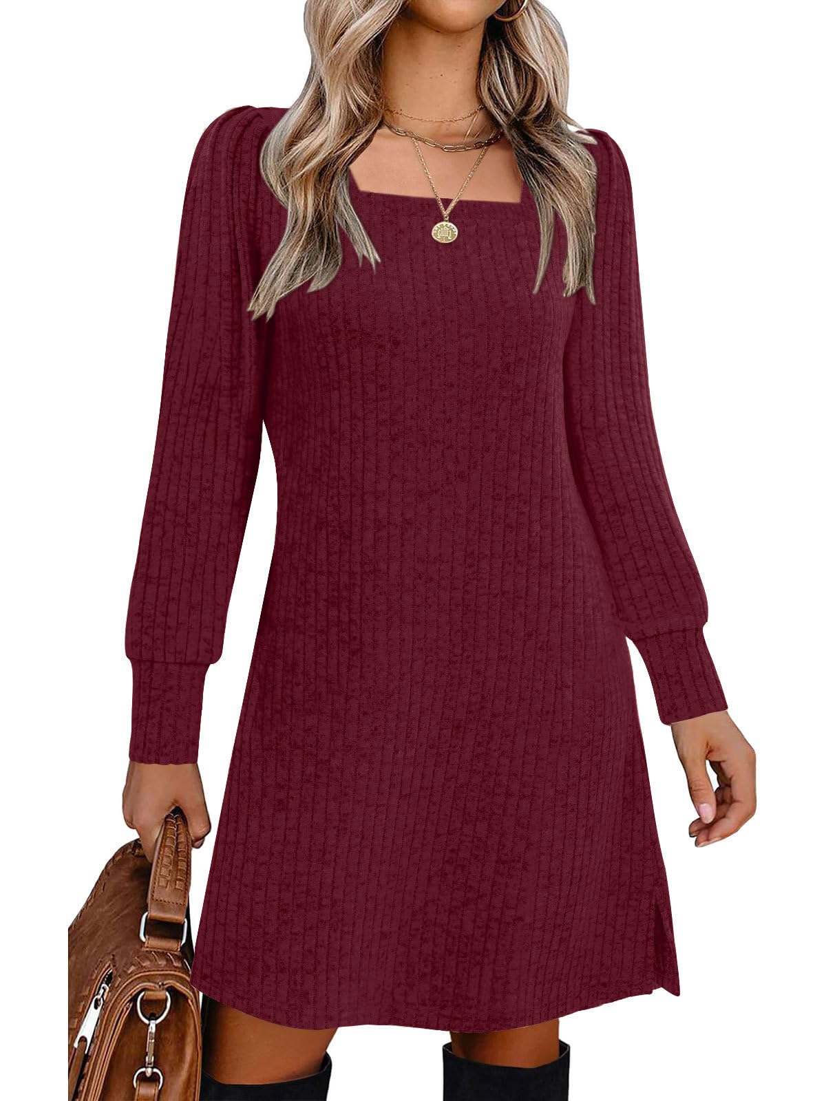 Womens Ribbed Knit Sweater Dress Long Sleeve Square Neck Fall Winter Dresses