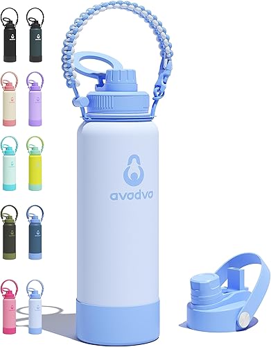 Miniatura 73 de Botella de agua aislada avodvo de 12 onzas con 2 tapas (tapa con popote y boquilla de 2 en 1, tapa magnética), botella de agua para niños con Azul