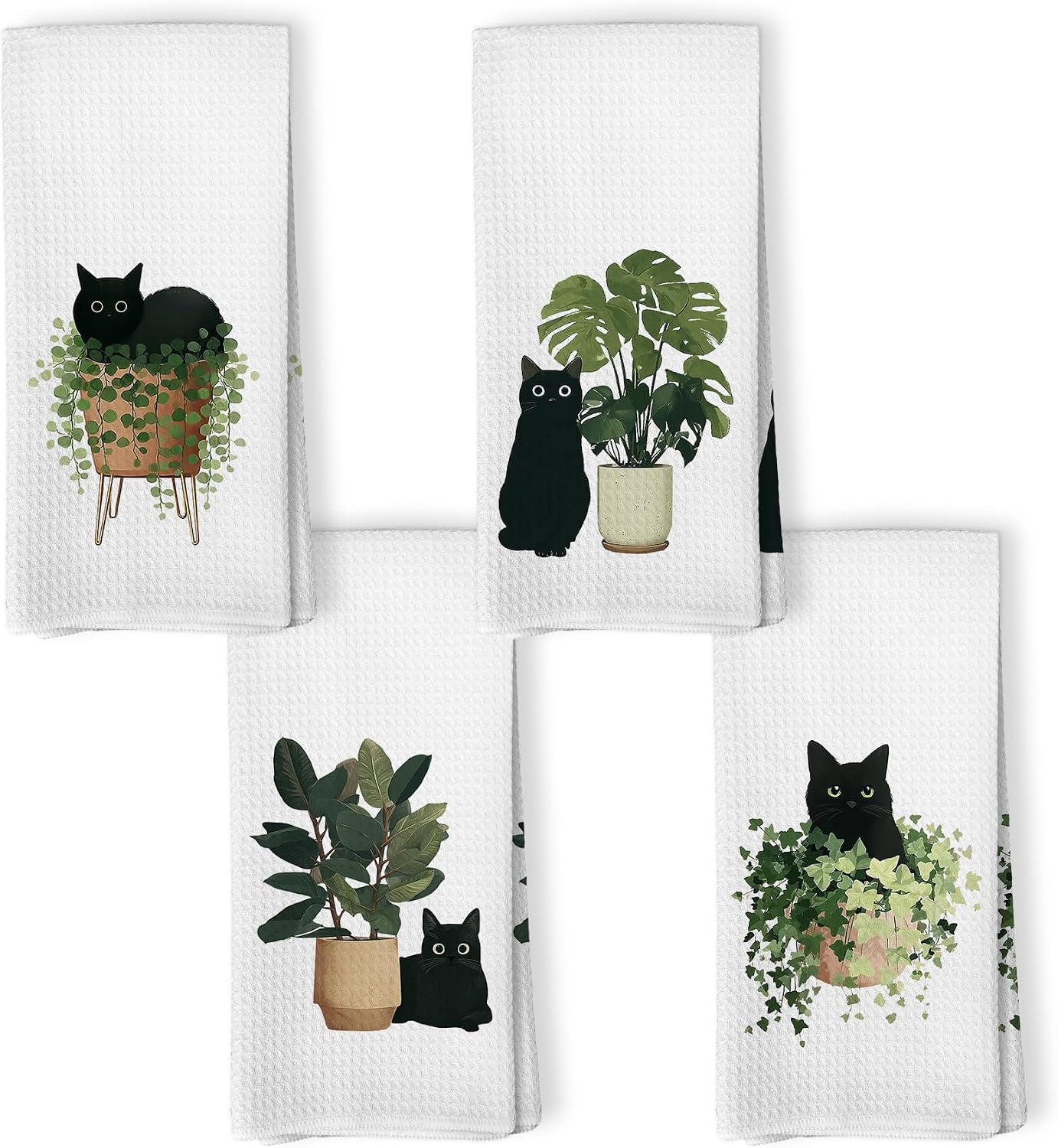 Black Cat Botanical Kitchen Towels Set of 4, Sage Green Farmhouse Plant Decorative Hand Towel for Bathroom, Black Cat Mom Lovers Gifts Dish Tea Towels for Kitchen Decor, 16x24 Inch