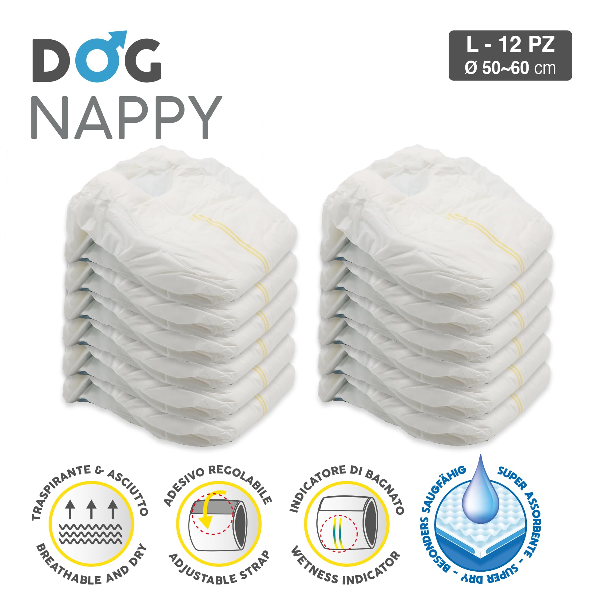 Croci Dog Nappy - Fascia Assorbente per cani maschi, taglia L - Ø 50-60 cm, Mutanda pannolino igienico pipi cane, Antiodore, Usa e getta, Chiusura adesiva regolabile, 12 pz