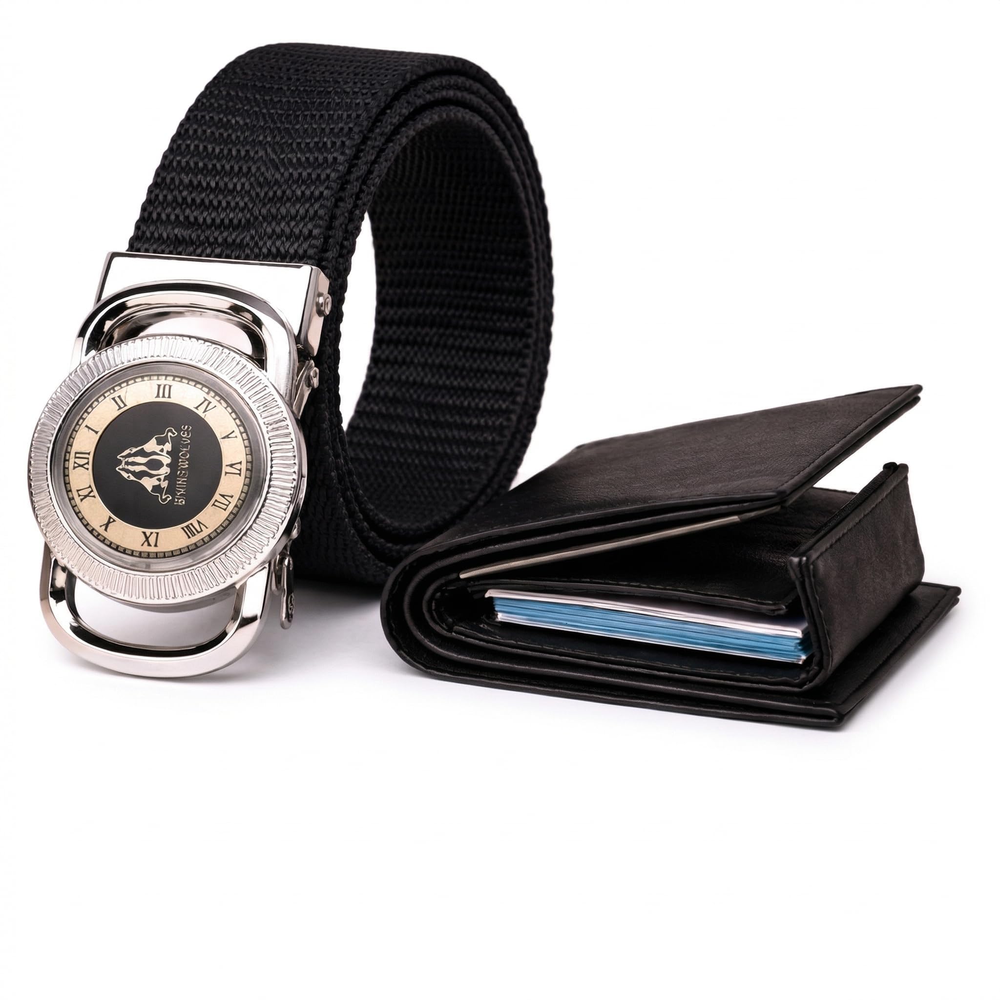 Men's Bold Maroon Web Belt with Gold Spinner Buckle & Stealth Black Wallet Combo-image-10