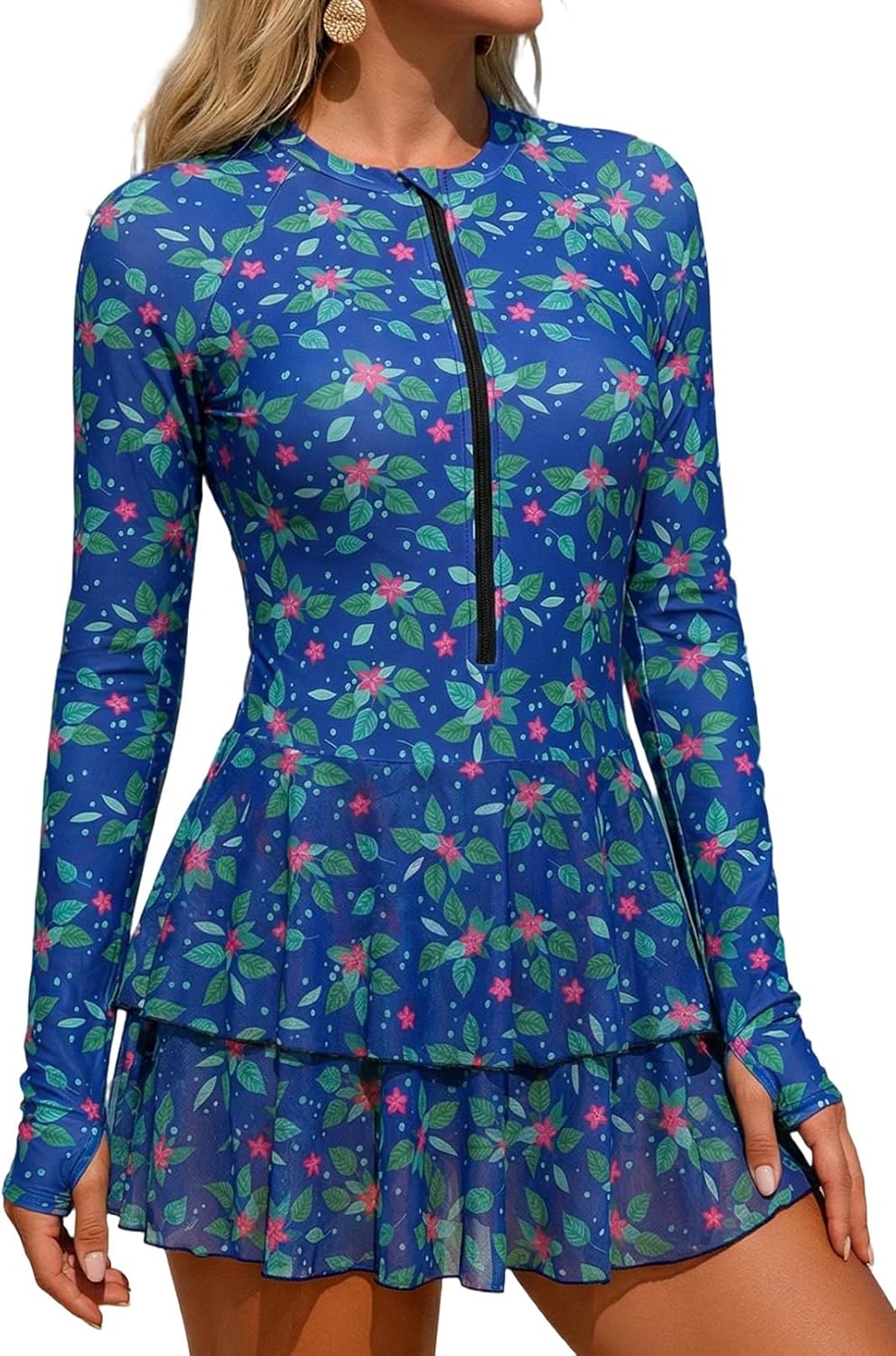 SEAUE Women's Long Sleeve Floral Swim Dress Rash Guard One Piece Skirted Bathing Suit UPF 50+ with Thumb Holes