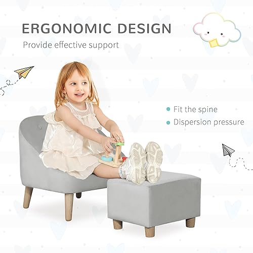 Miniatura 4 de Qaba Juego de sofá para niños, silla infantil, sofá y otomana para dormitorio, sala de juegos, sofá infantil para niños de 3 a 5 años, color gris