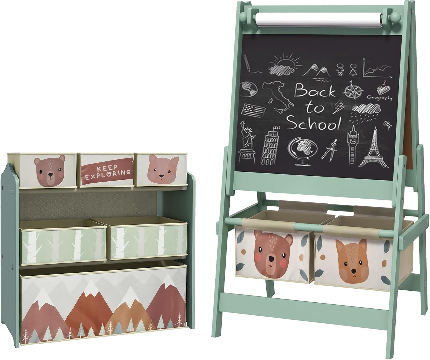 Qaba Kids Toy Organizer and Kids Easel Set 6 Storage Bins Ages 3-8 Green