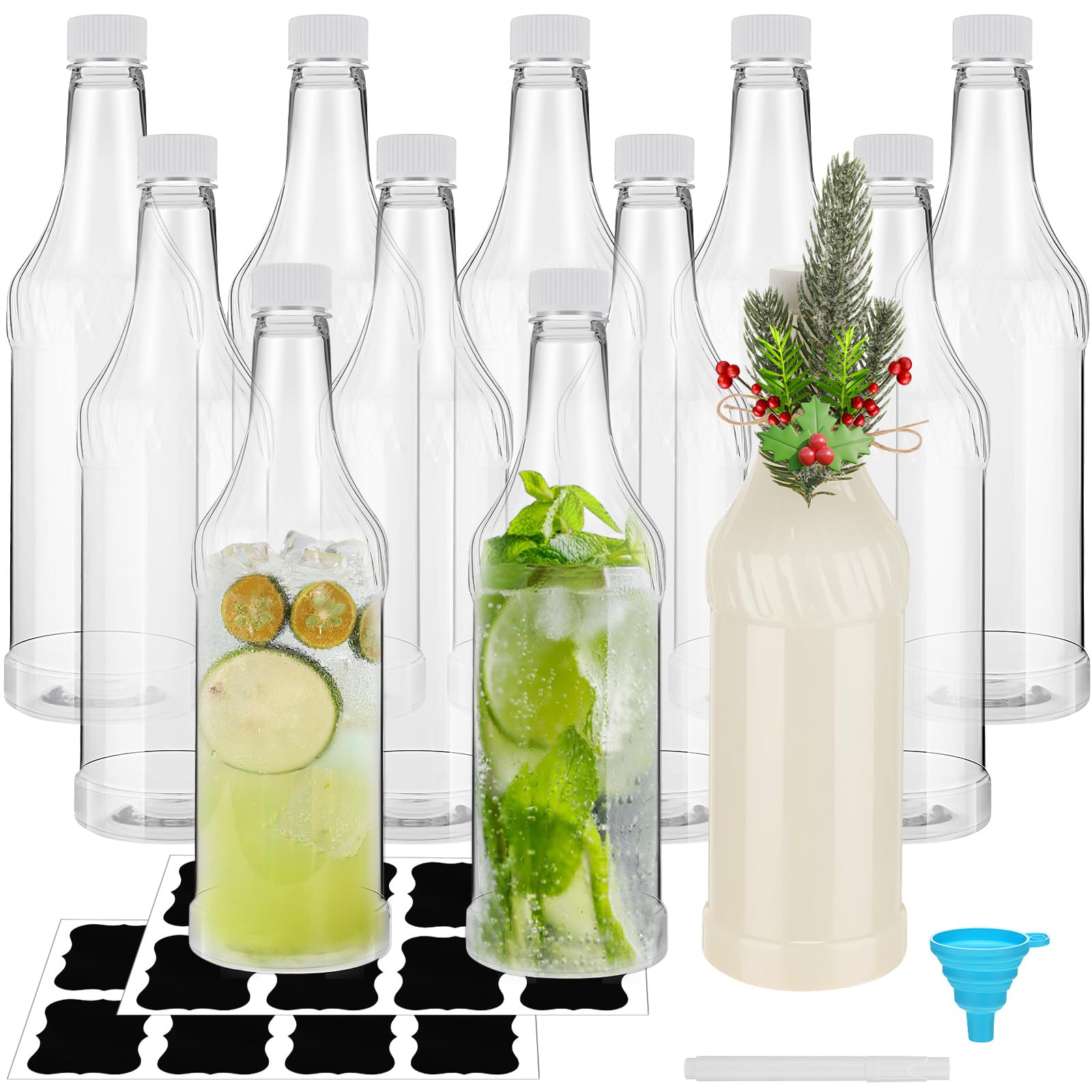 Dandat 12 botellas vacías de cuello largo de 32 onzas con tapas de rosca, botellas de vino de plástico transparente, botellas de coquito caseras, reutilizables para licor, condimentos, uso en hielo