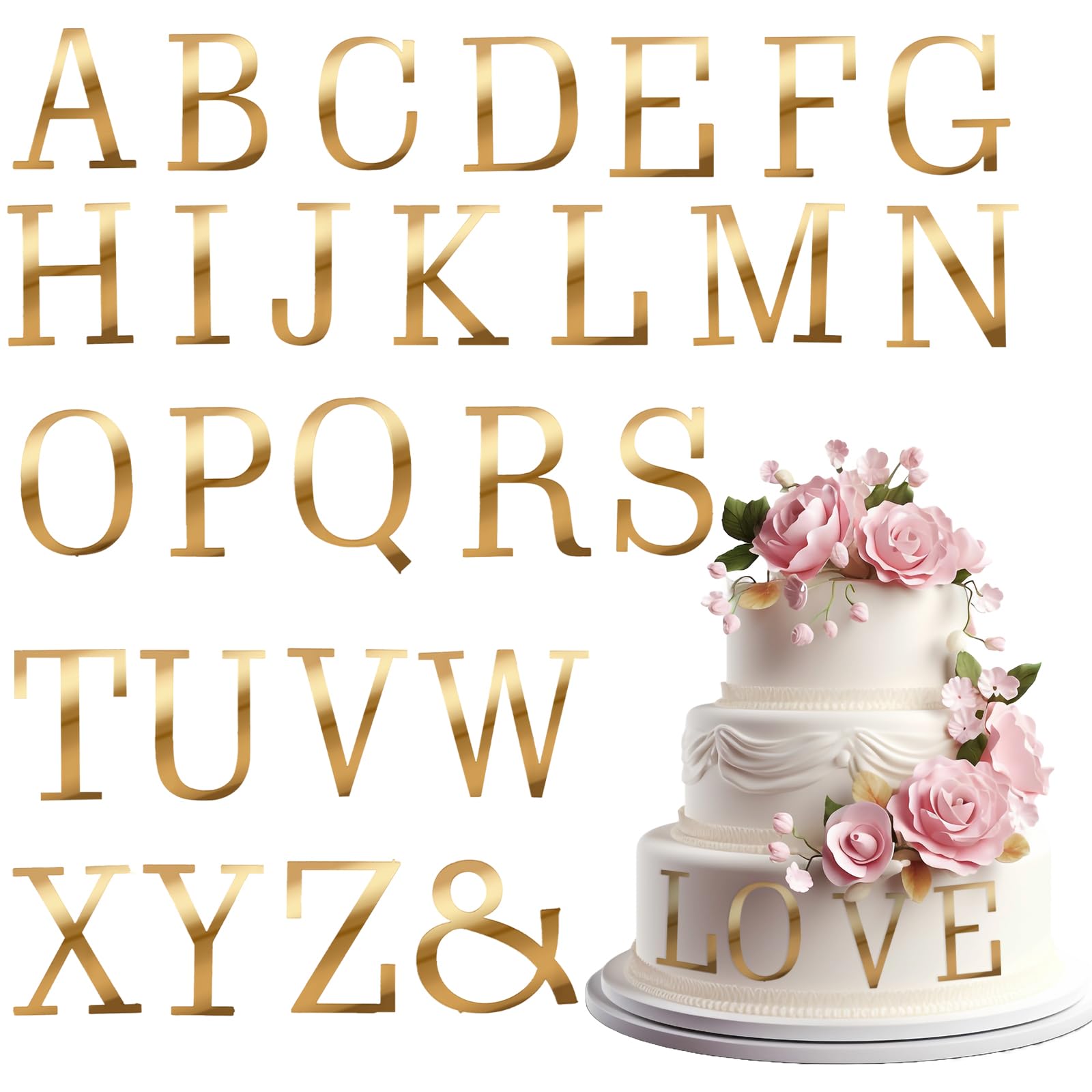 27 Pcs Acrylic Cake Toppers, Gold Cake Letters Topper, DIY Custom Cake Topper, Personalized A-Z Alphabet Decoration for Cake, Name Cupcake Toppers for Wedding Anniversary Baby Shower Birthday Party
