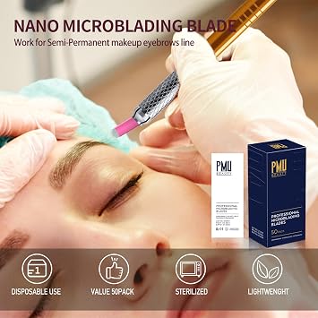 50Pcs Professional Microlading Needles 12 Pins Curved Flat with 0.18mm Diameter Disposable Manual Eyebrow Blades Permanent Makeup Supplies Microblading Kits