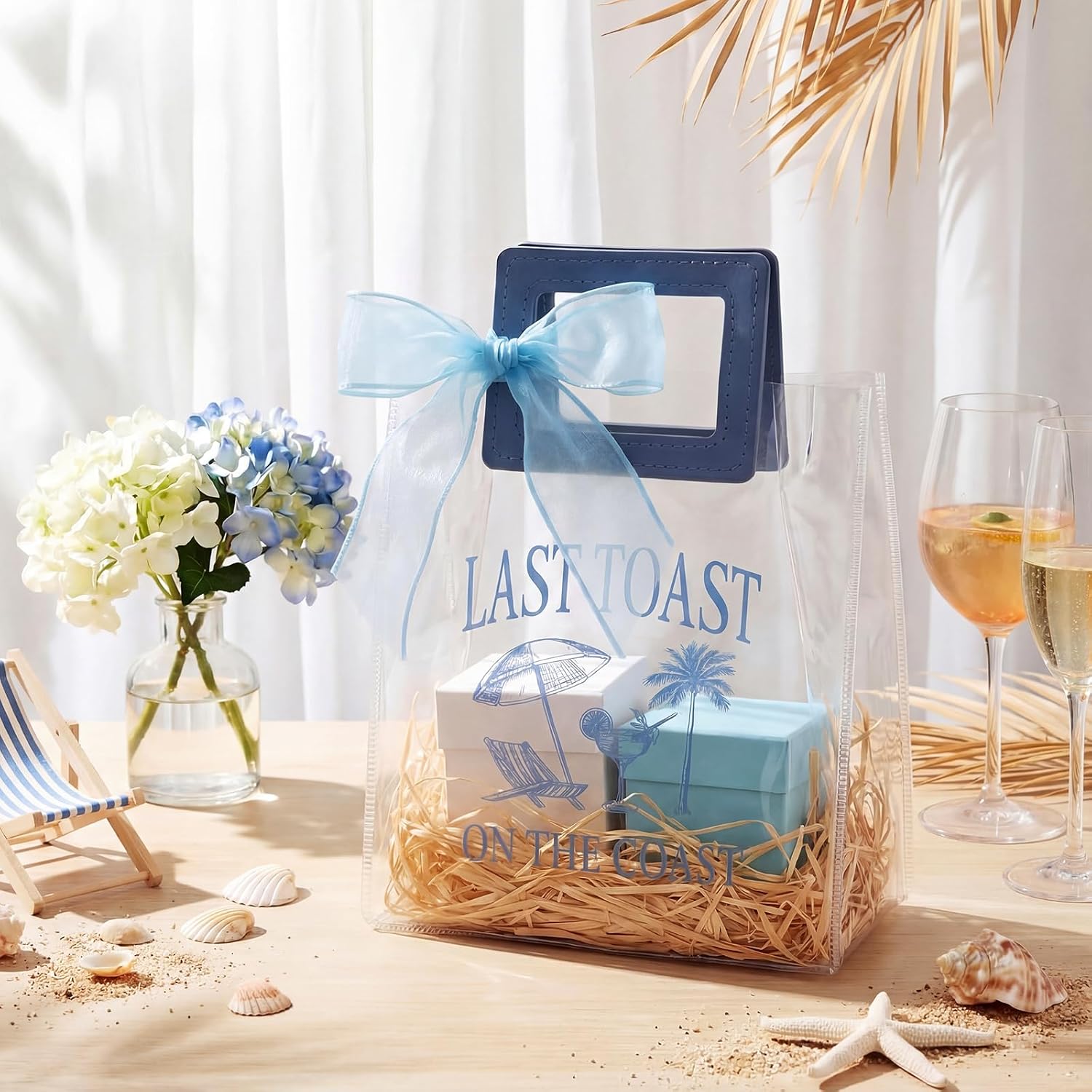 Gueevin 12 Set Bachelorette Gift Bags 7 x 4 x 8 Inch Last Toast on the Coasts Party Clear Gift Bags with Handle and Sheer Ribbon Reusable Transparent PVC Totes for Bridal Shower Favors