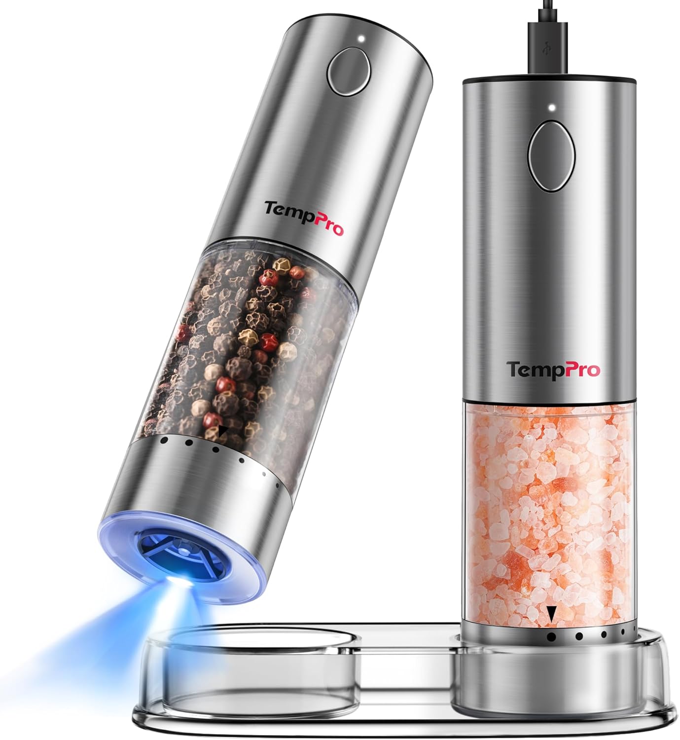 TempPro 100ml Electric Salt and Pepper Grinder Set Rechargeable, Automatic Pepper Grinder Shakers with External Adjustment, Refillable Pepper Mill Set with Cover & LED, 2-Pack(Previously ThermoPro)