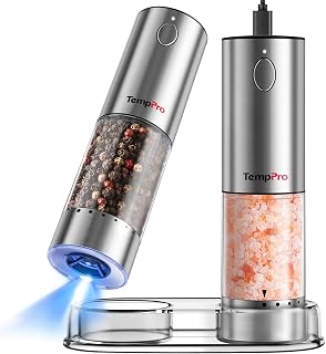 TempPro Rechargeable Electric Salt & Pepper Grinder Set - 100ml Auto Mills, External Adjustment, LED Light, Dust Cover, 2-Pack
