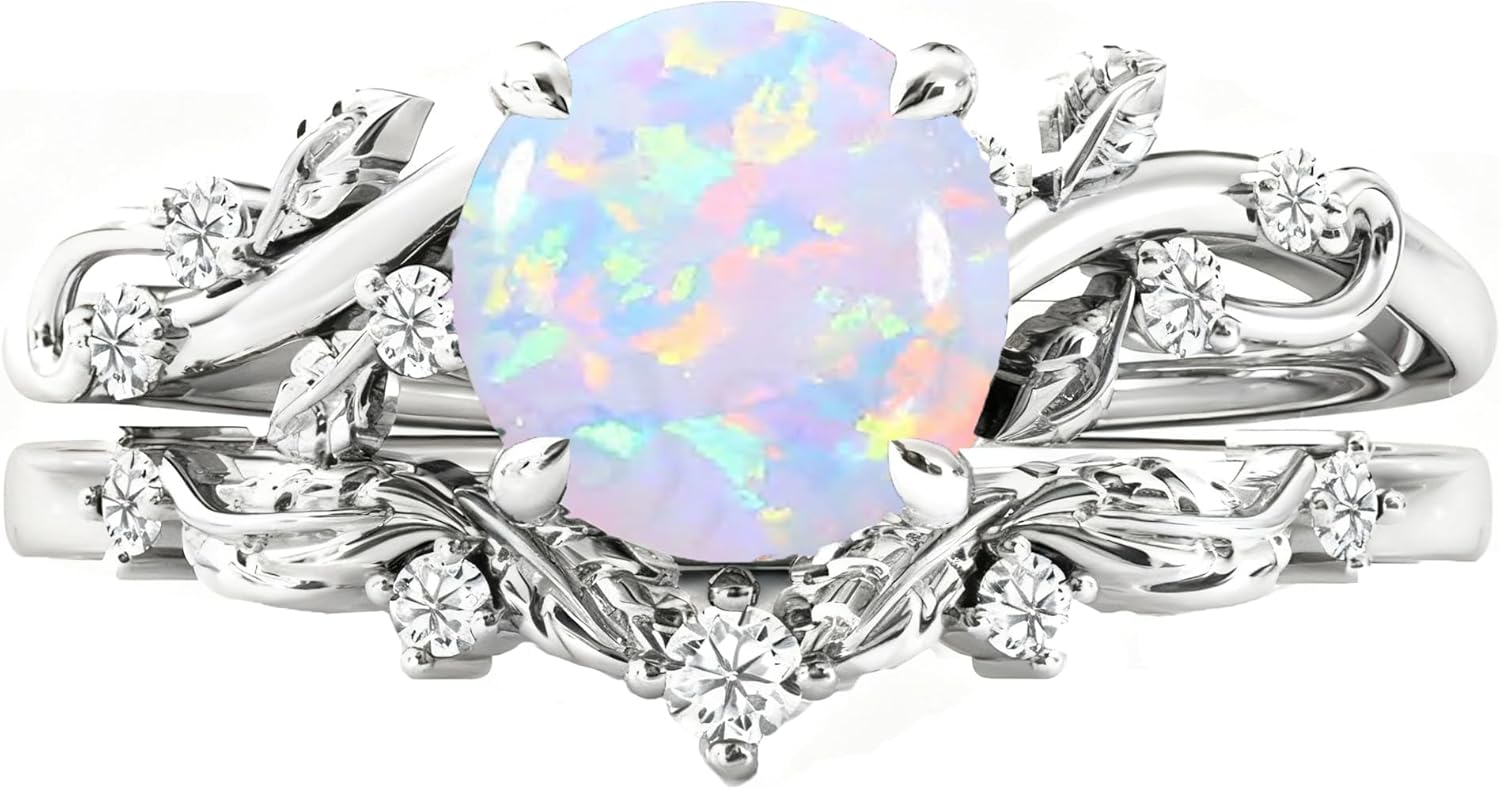 Opal Engagement Ring Set for Women, 925 Sterling Silver Pear/Heart/Coffin Cut White Opal Bridal Wedding Rings Set Inspired Leaf Bridal Rings Set for Her Free Engraved