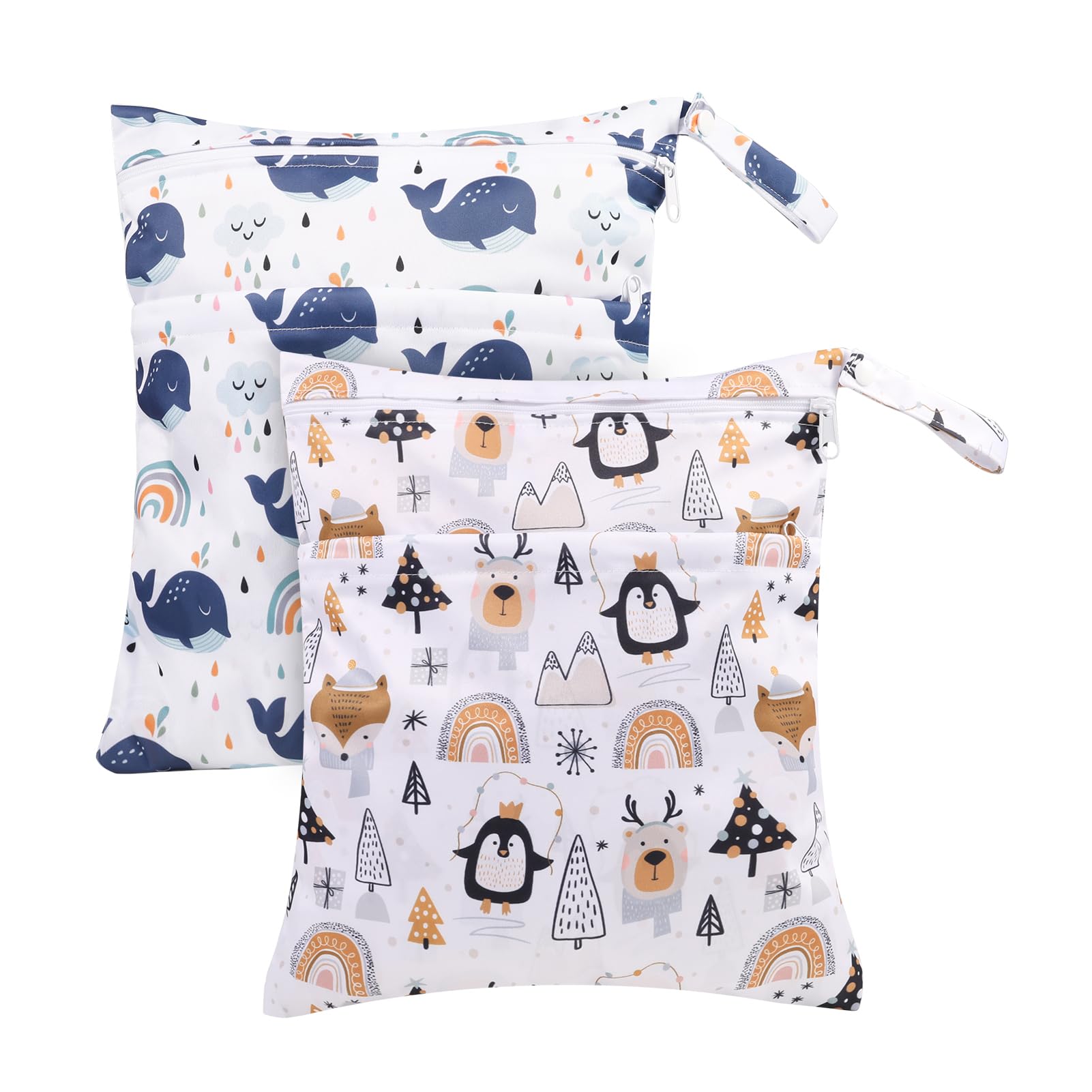 Kaisibum 2 Stück wasserdichte Stoffwindeln Nasstaschen Große Wickeltasche Wetbag Nasstaschen Wiederverwendbare,Cartoon-Druck Wet Dry Cloth Windeltasche mit Reißverschluss für Baby Reisen Unterwegs