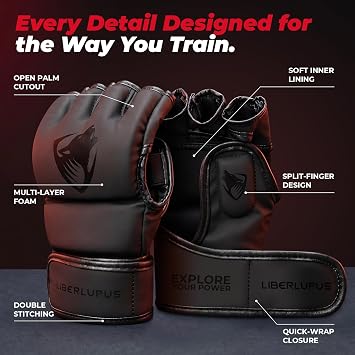 LIBERLUPUS MMA Gloves Sparring for Men Open Palm Training Gloves for Grappling, Kickboxing, Muay Thai, Youth Self-Defense, Heavy Bag Workouts Durable Synthetic Leather