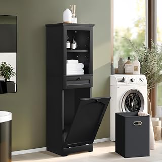 YITAHOME 53" Tall Tilt-Out Laundry Hamper Cabinet with Hidden 10-Gallon Basket, Adjustable Shelves & Drawer - Black Bathroom Storage