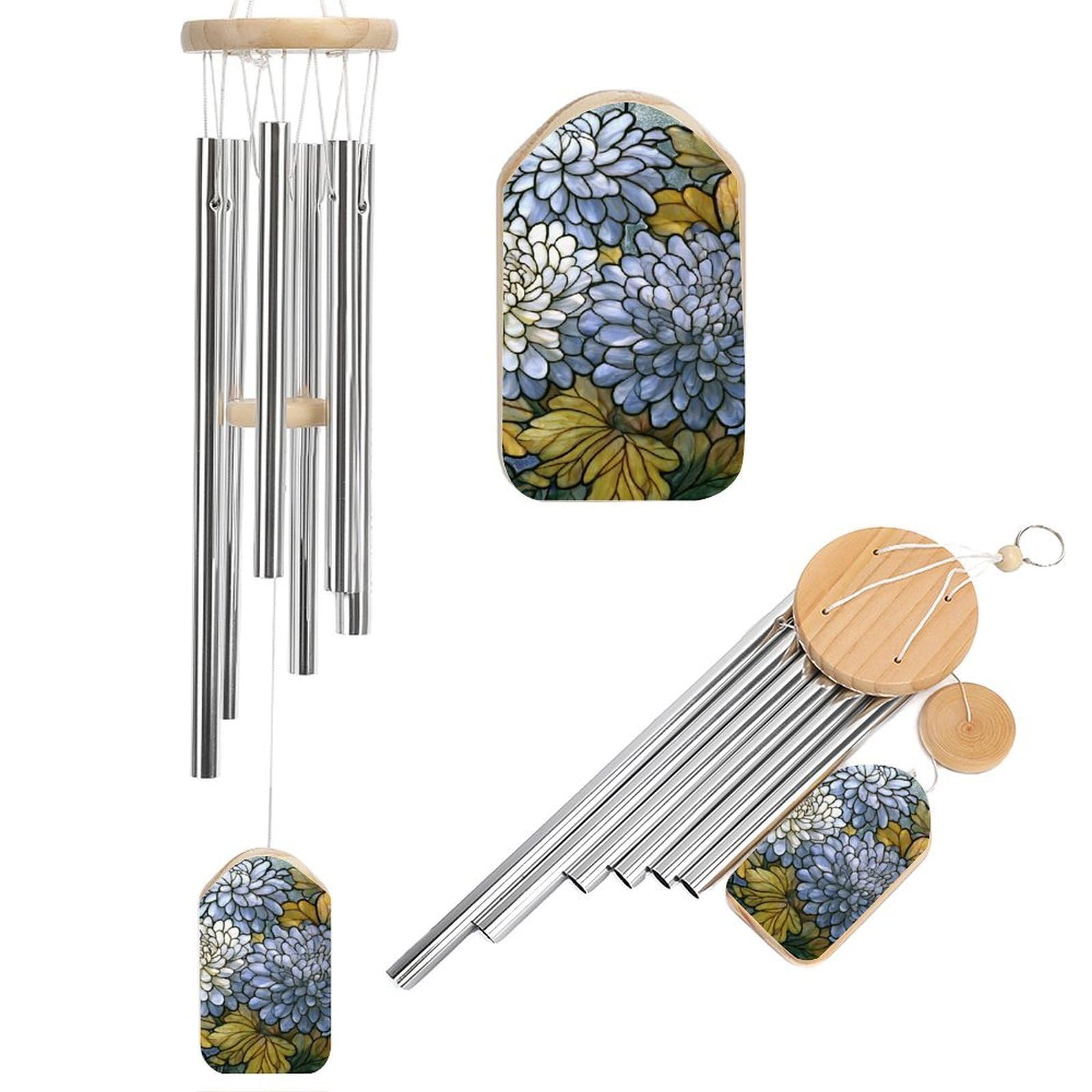 Floral White Chrysanthemum Flower Pattern Wind Chimes Memorial Deep Tone Windchime with 6 Aluminum Tubes Outdoor Backyard Garden Decoration