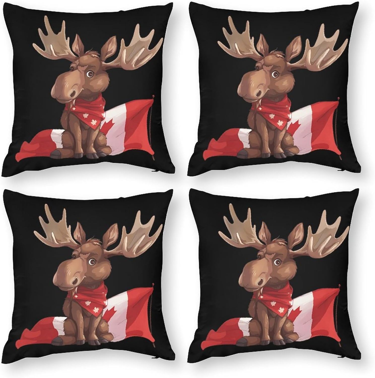 Cute Moose with Canada Flag Printed Throw Pillow Case 4 Pcs Soft Pillowcases Pillows Covers Sofa Bed Decor 12/14/16/17/18/20/22/24/32 Inches