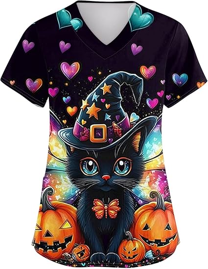 OIOLOYJM Halloween Christmas Scrub Tops Women Print V Neck Short Sleeve Plus Size Scrubs for Womens Shirts with Pockets