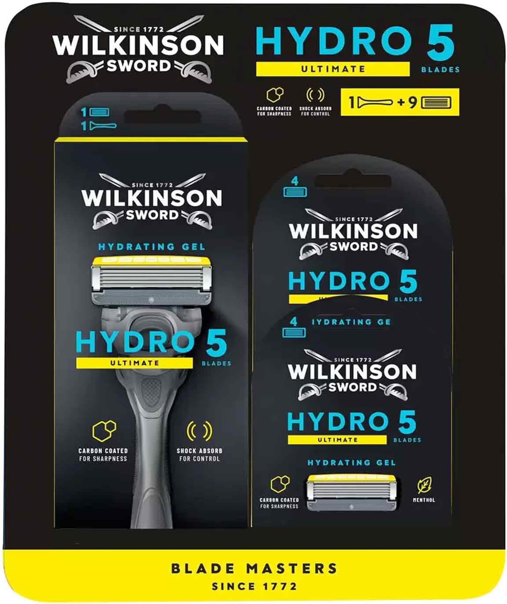 Wilkinson Sword Hydro 5 Ultimate Skin Protection Advanced Men's Manual Shaving Razor - Pack of 1 Handle and 9 Razor Blades