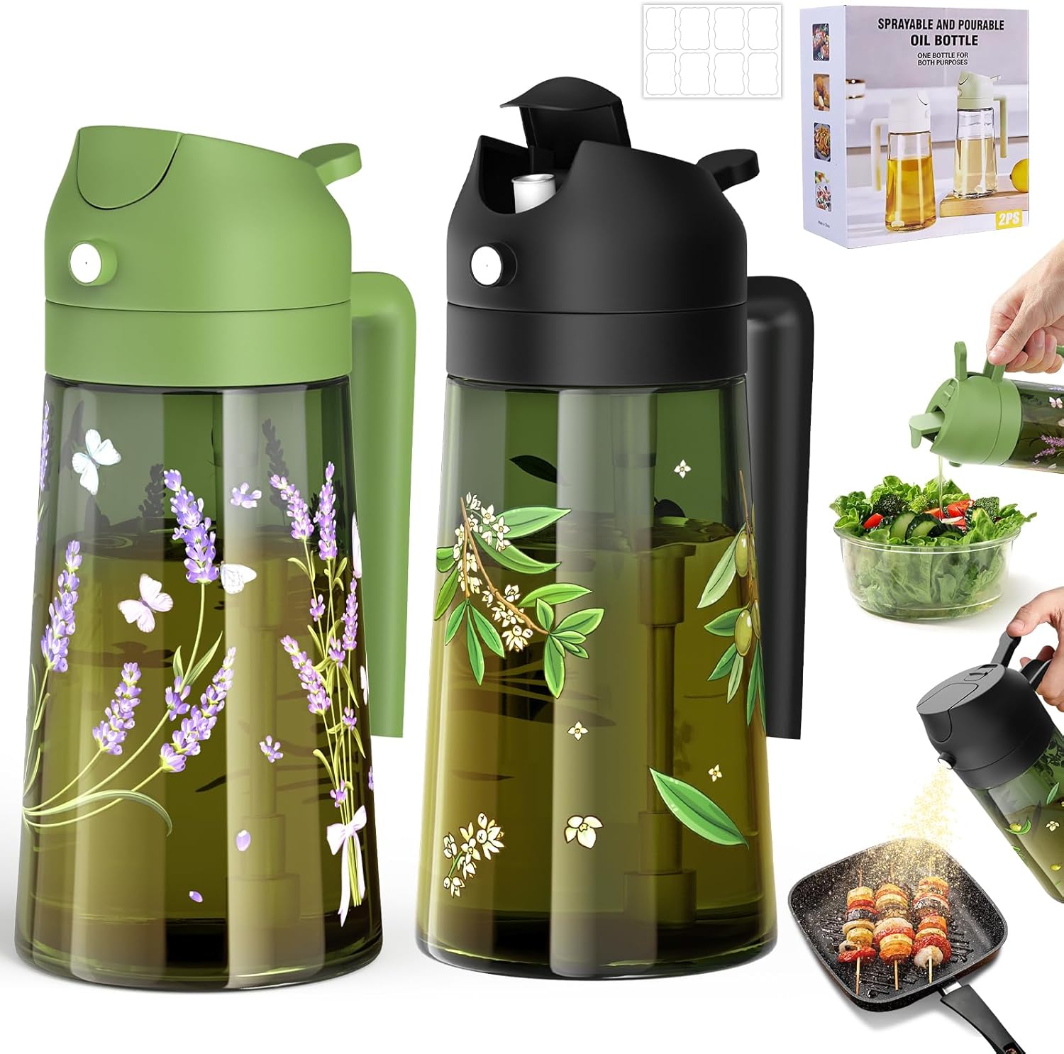 COOLMI Oil Sprayer for Cooking, 2 in 1 Olive Oil Dispenser Bottle Set for Kitchen, Food-Grade Glass Green Oil Vinegar Bottle Container - 16OZ/470ML Set of 2 (Black + Green) Black&Green(Olive&Lavender)